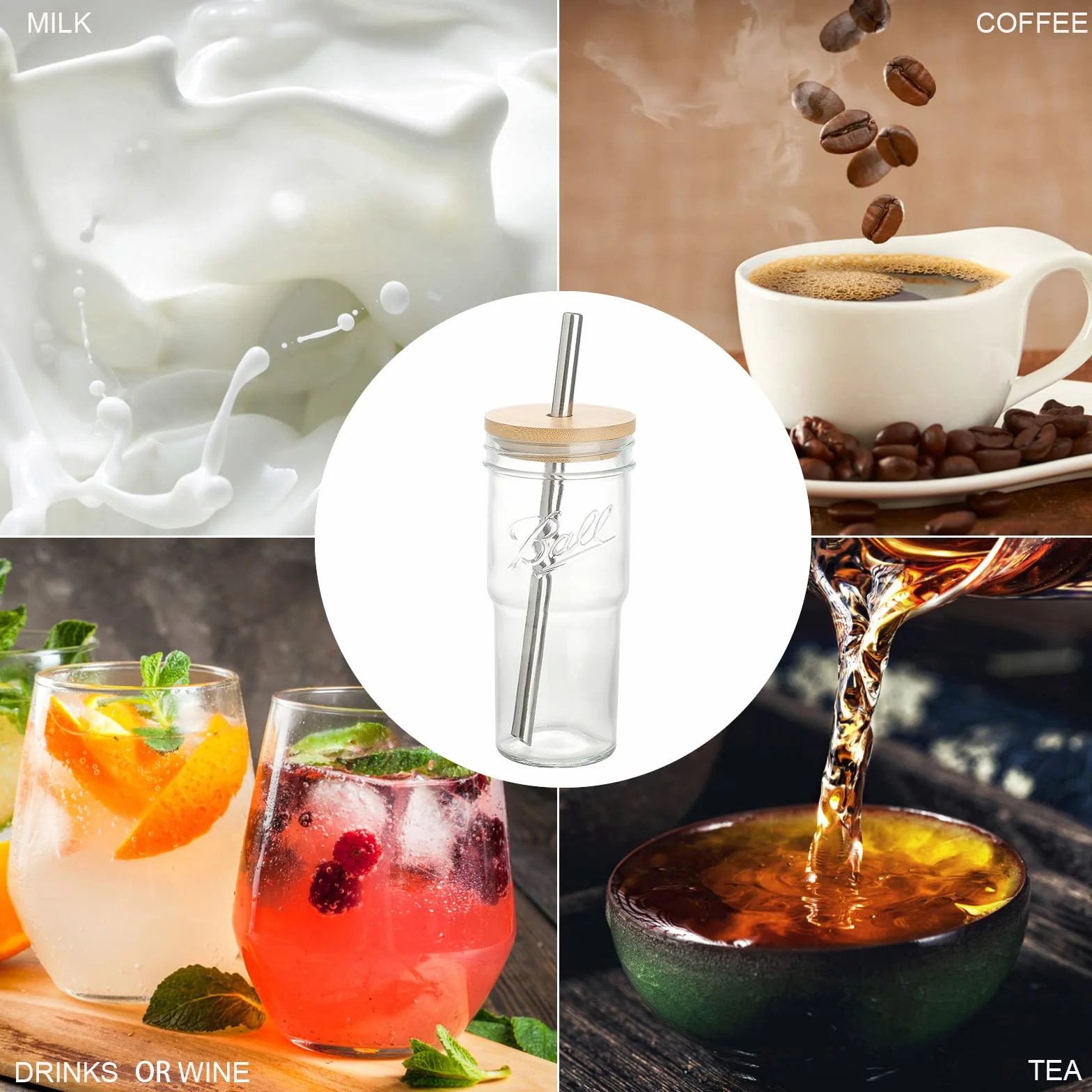 NFNSIG 4-pak 680 ml słoik z bambusowymi pokrywkami i słomkami ze stali nierdzewnej szeroki otwór kubek do kawy mrożonej wielokrotnego użytku kubki do smoothie do soku z herbaty Boba Bubble