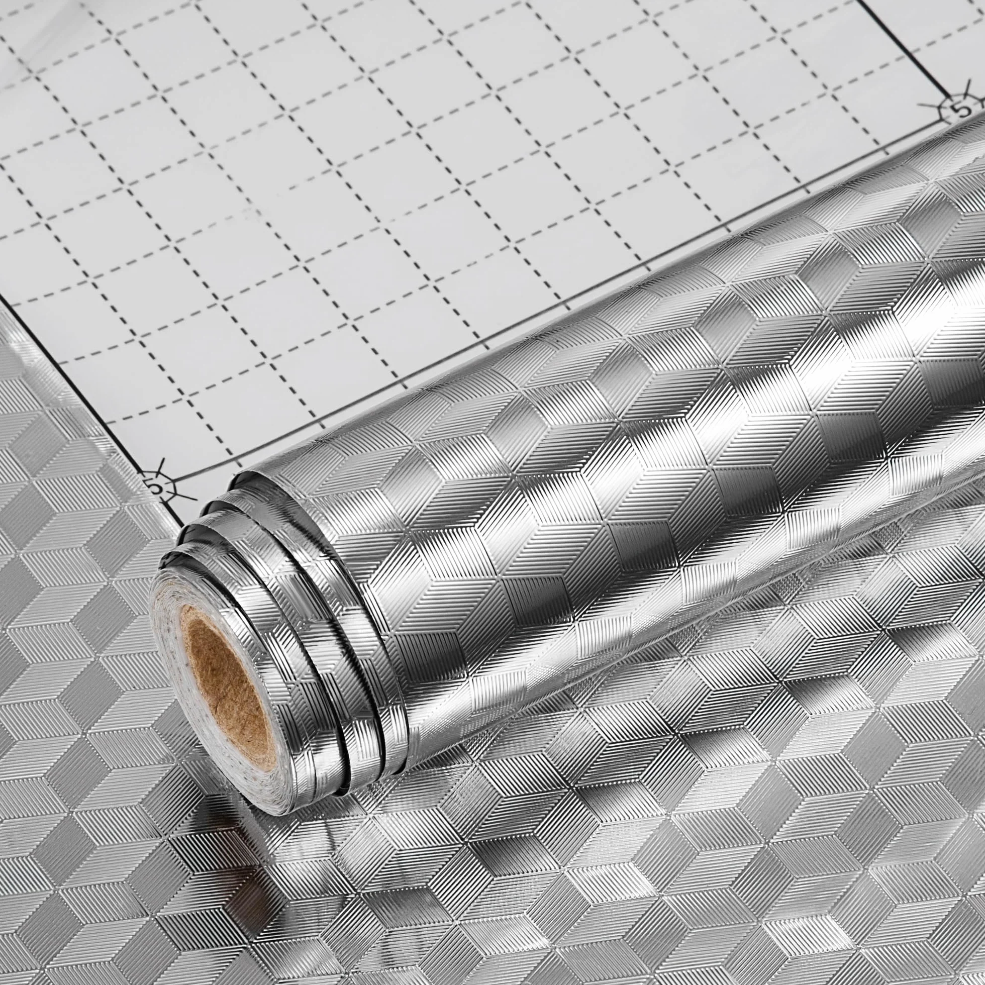 Folia aluminiowa olejoodporna naklejka kuchenna samoprzylepna srebrna wodoodporna tapeta na kuchenkę kuchenną blat 40 x 300 cm (wzór rombowy)
