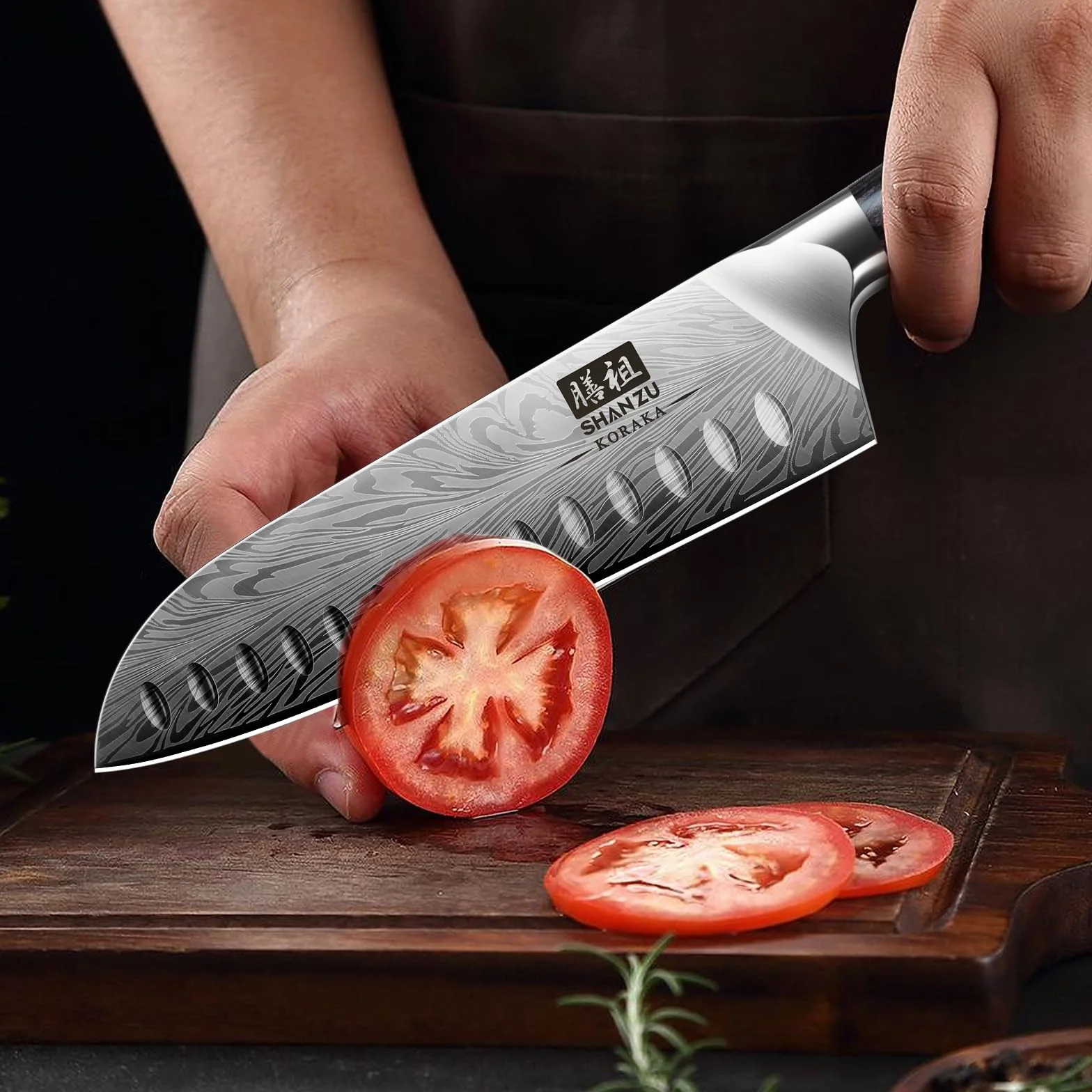 SHAN ZU Nóż Santoku ze stali w proszku, 18 cm profesjonalna kuchnia kuchnia japońska super ostra twarda stal nóż Santoku nóż do warzyw i mięsa, ergonomiczny uchwyt drewniany pakka