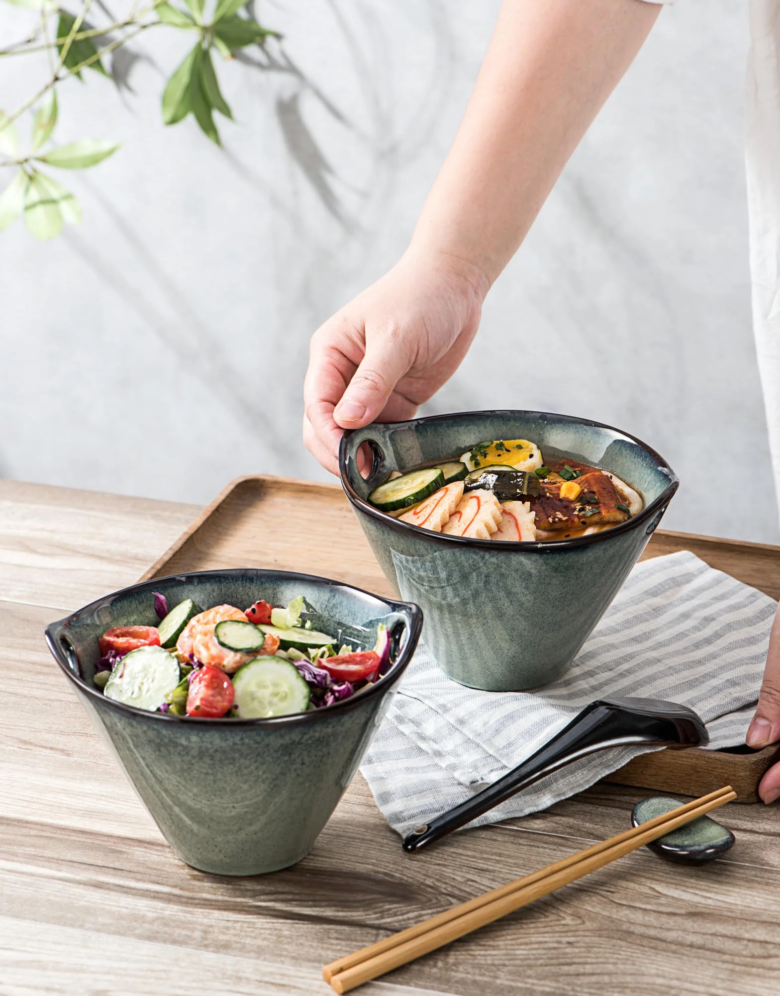 Ramen miska na zupę, zestaw misek na zupę wraz z pałeczkami i łyżeczkami, zielony zestaw ceramiczny dla 2 osób na zupę, ramen i miskę do sushi – 600 ml