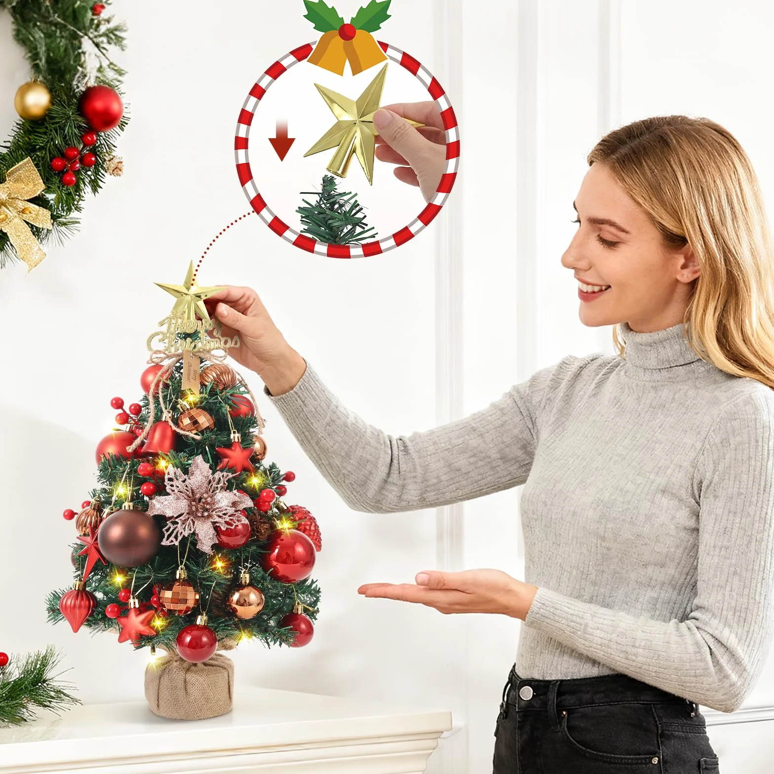 Mini choinka 45 cm, mała sztucznie wykonana choinka bożonarodzeniowa z oświetleniem LED, choinka na stół, mini choinka bożonarodzeniowa do dekoracji świątecznej