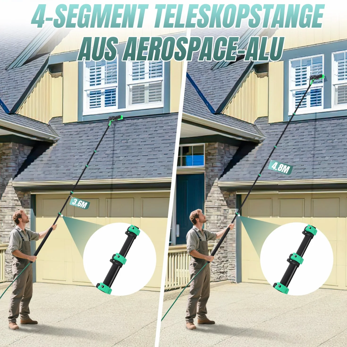 Teleskopowa szczotka do mycia 4,8 m – szczotka do mycia z trzonkiem teleskopowym, szczotka teleskopowa z przyłączem wody, zestaw do czyszczenia ogrodu zimowego do systemów PV i okien