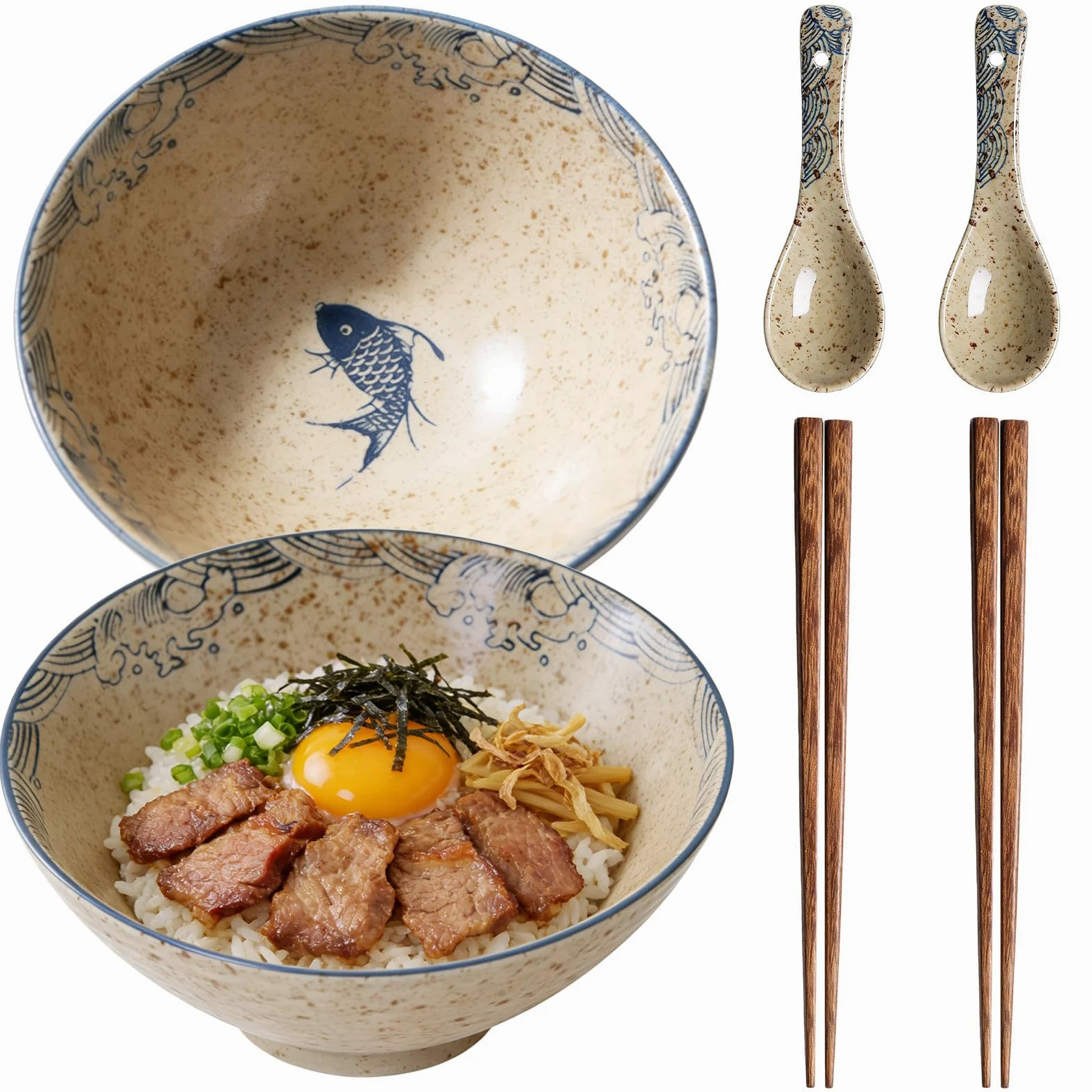 Ramen zestaw 2-częściowy, 2 x 1200 ml ceramiczna miska ramen z pałeczkami i łyżeczkami, duża miska na zupę i salaterkę, zestaw ramen do ramenu, pho, udon, nadaje się do kuchenki mikrofalowej i mycia w