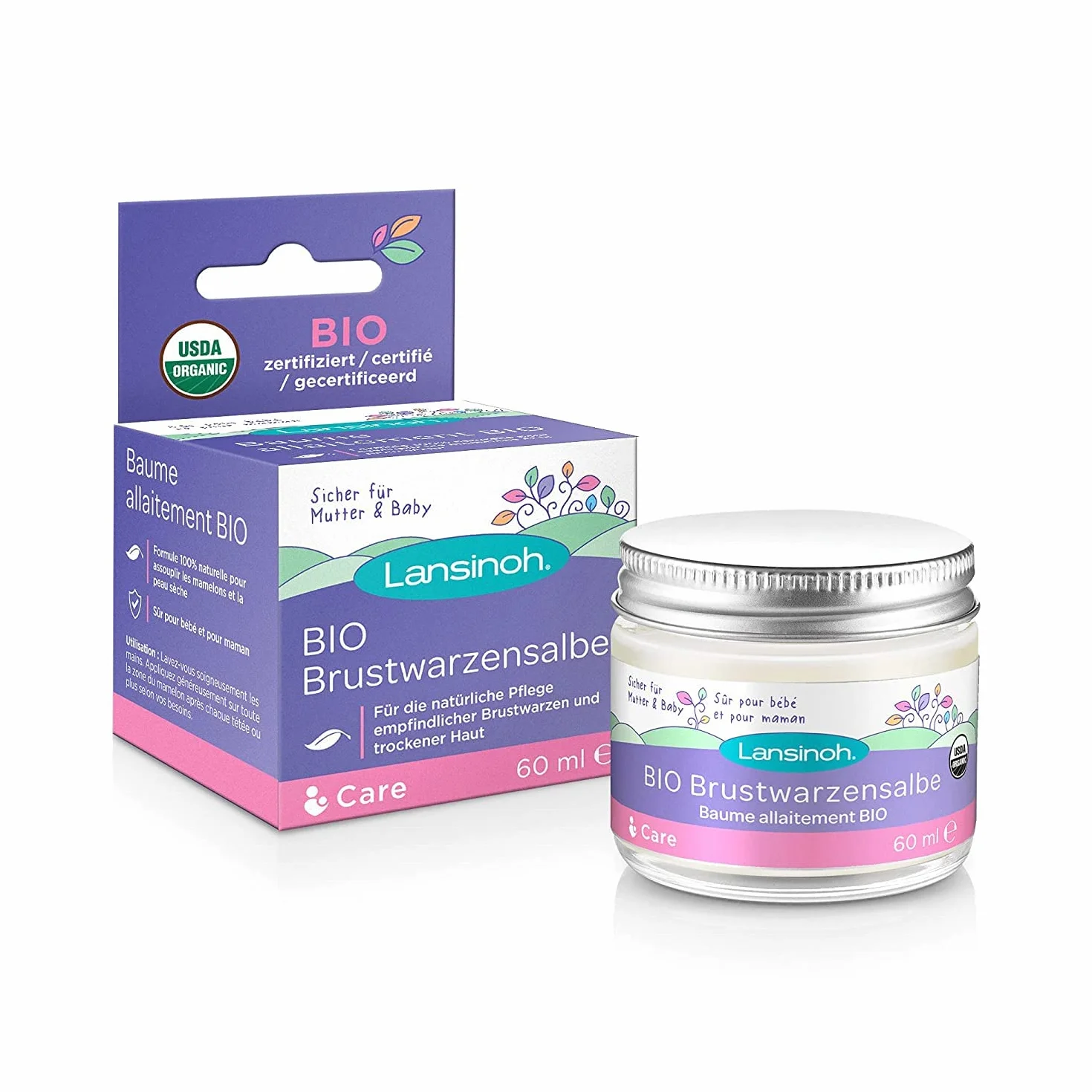 Lansinoh Organic Nipple Balm 60ml Natural Breastfeeding Cream, natural ingredients, tasteless, odourless, care for nipples when breastfeeding & dry skin when pregnant