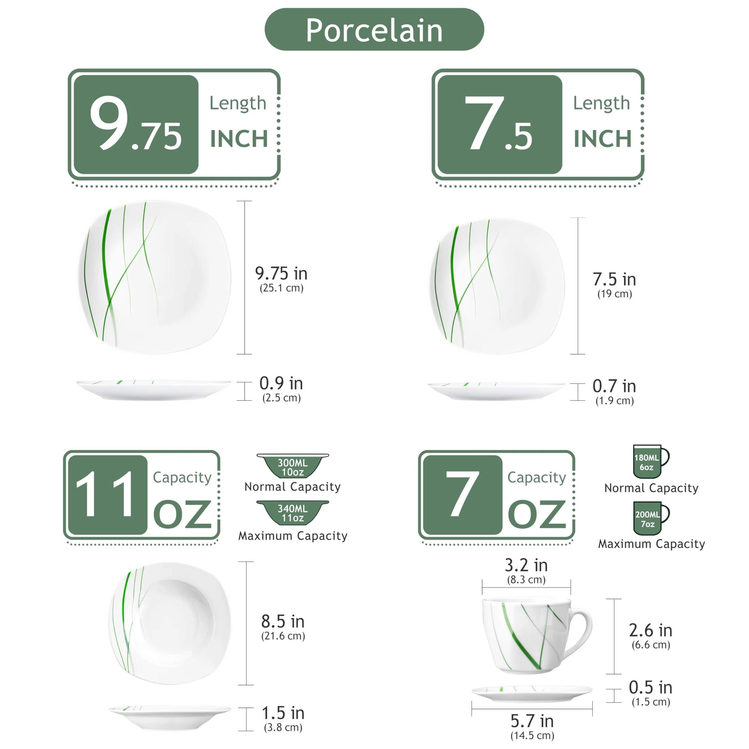 VEWEET Aviva 30-częściowy porcelanowy zestaw obiadowy, kość słoniowa, zielone linie
