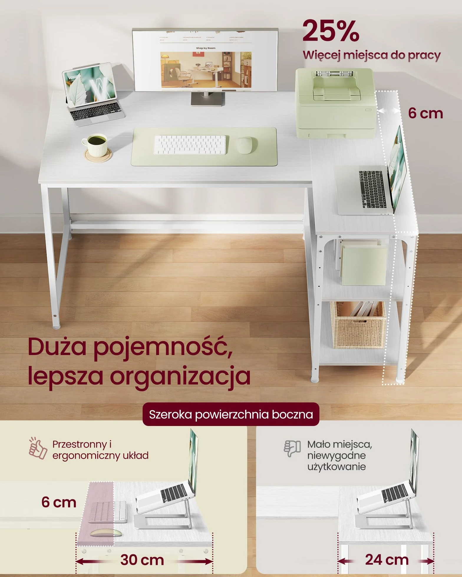 VASAGLE Biurko narożne w kształcie litery L, biurko komputerowe z miejscem do przechowywania, dwustronne półki z regulacją wysokości, do domowego biura, 120 x 80 cm, klon biały LWD136WF01