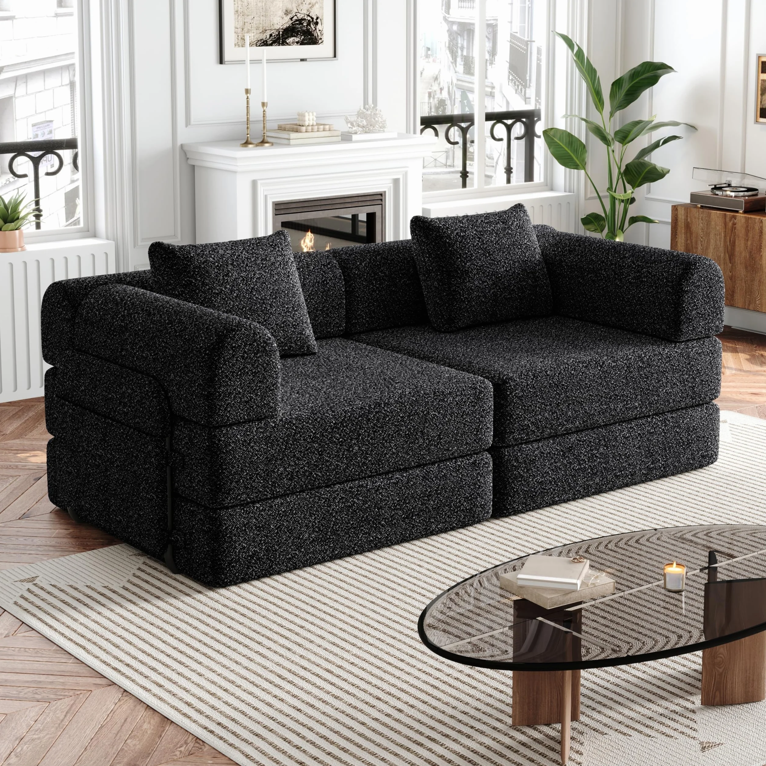 Sofa do spania 2 w 1 ze schowkiem w podłokietniku, sofa podłogowa z poduszką na plecach, metalowa rama, szenilowa, do salonu, sypialni, 183,8 x 91,4 cm, czarna