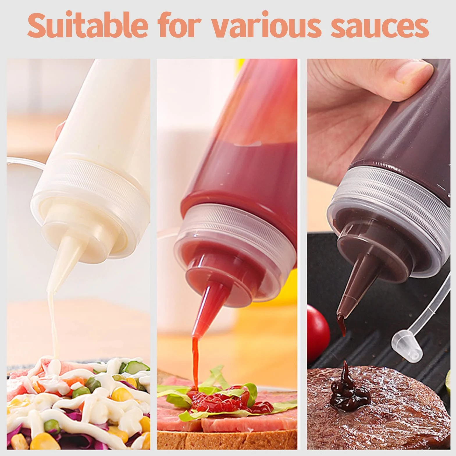 6 szt. 200 ml butelki do wyciskania, z tworzywa sztucznego, z zakrętką i miarką, pojemnik do keczupu, musztardy, BBQ, sosów, przypraw, sałatek, dressingów, oliwy z oliwek