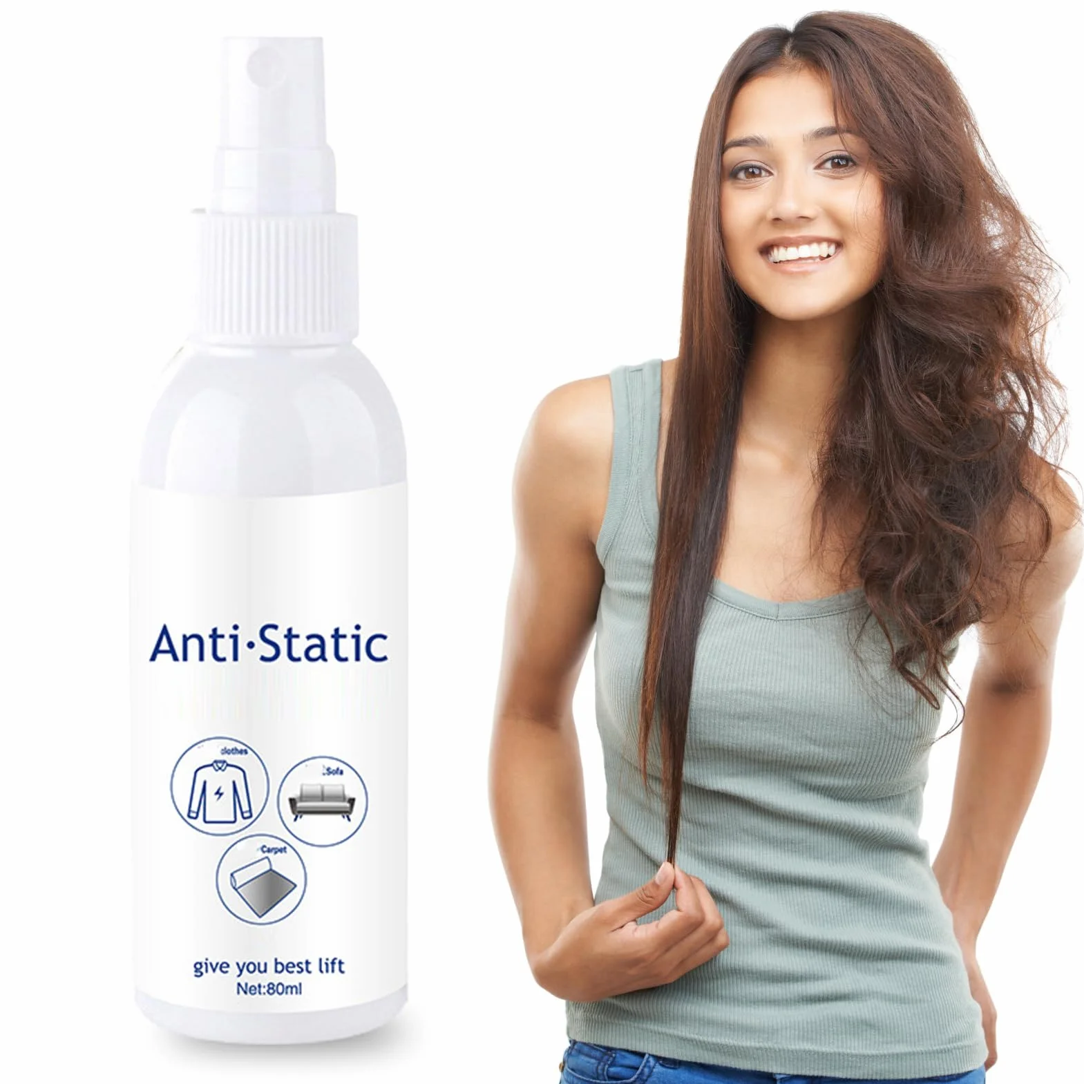 Spray statyczny, 80 ml, odświeżacz do tekstyliów, antystatyczny spray – natychmiastowy efekt wygładzania i płyn do płukania tkanin, dywanów i mebli o długotrwałym działaniu