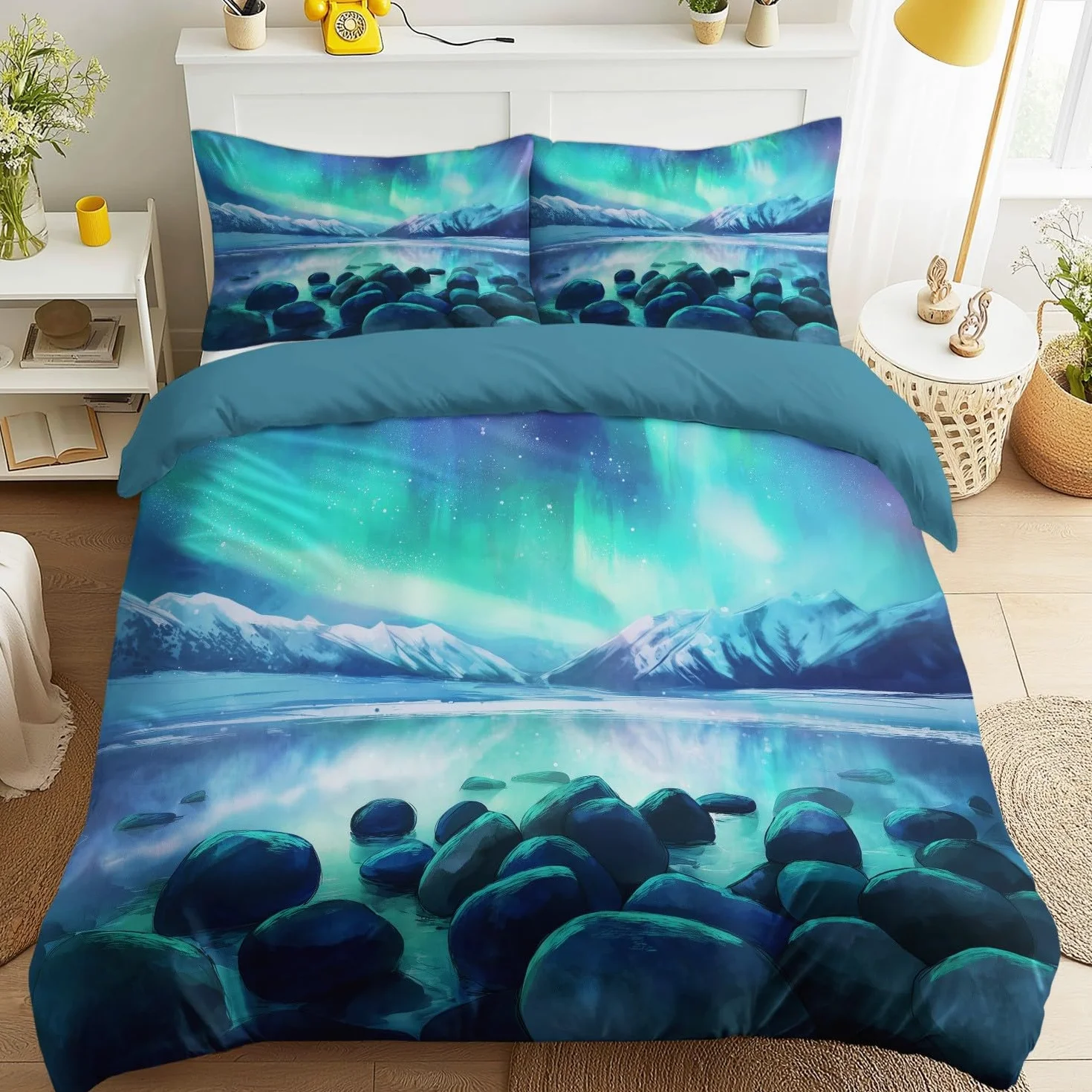 Generisch Verträumt Pościel z motywem krajobrazu nocnego, 200 x 200 cm, 3-częściowy zestaw pościeli – romantyczna pościel z mikrofibry z 2 poszewkami na poduszki, niebieska