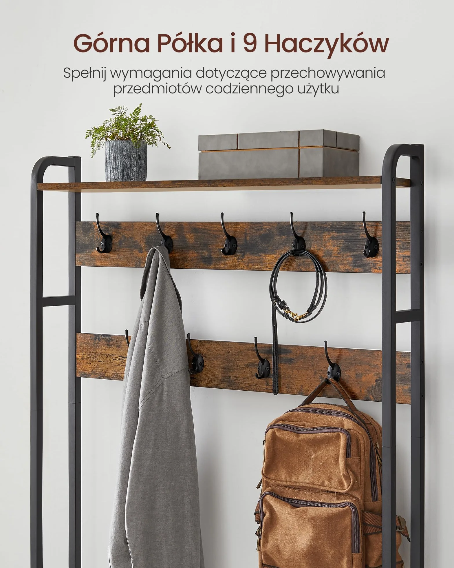 VASAGLE Wieszak na ubrania z miejscem na buty, drzewo do holu z ławką, 9 haczykami i górną półką, do przedpokoju, sypialni, styl industrialny, rustykalny brąz i czarny atrament HSR405B01