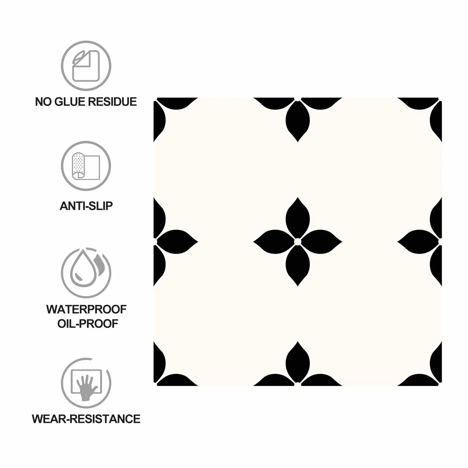 Alwayspon 30 × 30 cm × 10 sztuk biało-czarne kwiaty odporne na działanie wody, antypoślizgowe naklejki na płytki podłogowe do kuchni, łazienki, salonu, samoprzylepna folia winylowa