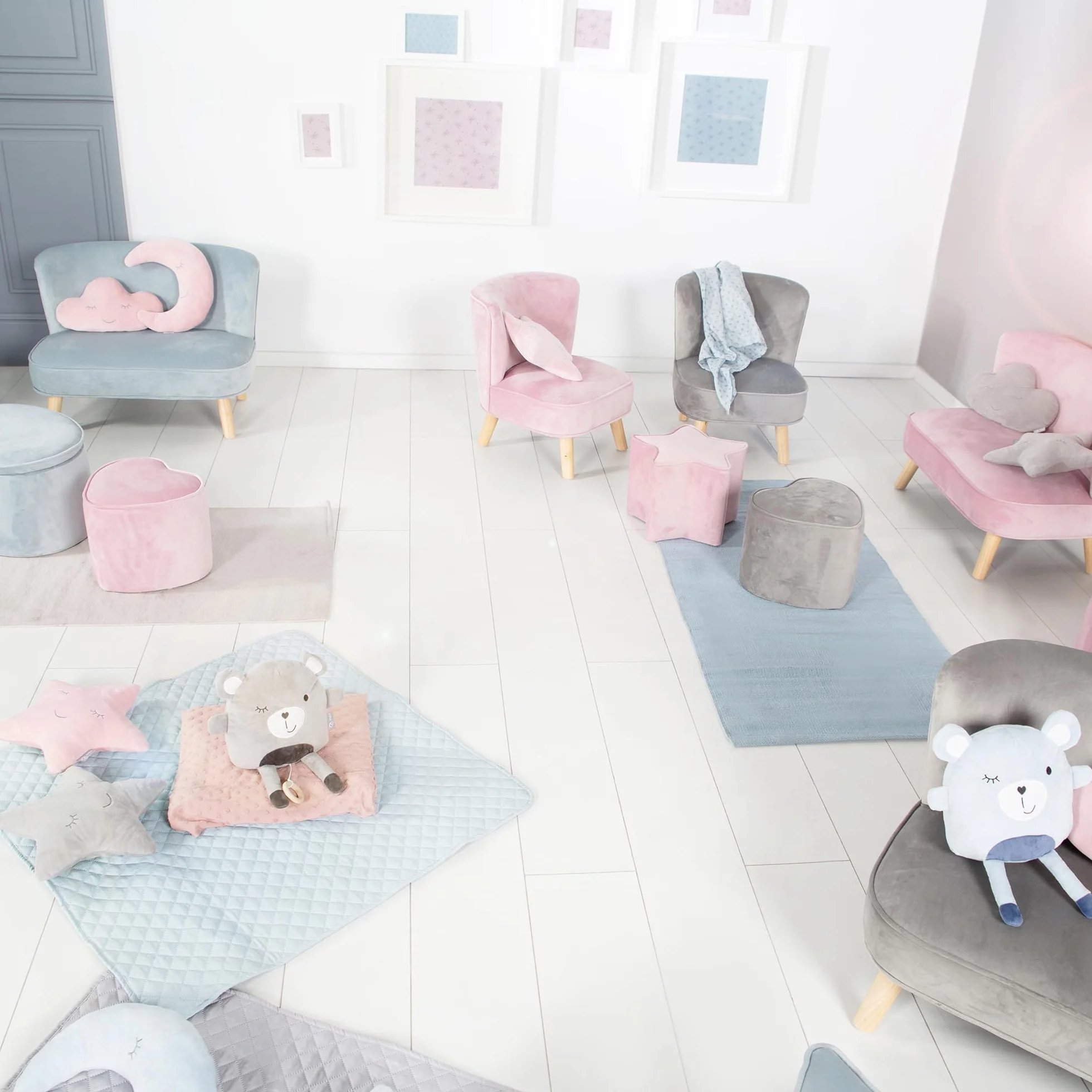 roba Fotel dziecięcy Lil Sofa - Wygodny fotel dla dziewcząt i chłopców - Stabilne drewniane nogi - Do pokoju niemowlęcego i dziecięcego - Materiał z weluru - Szary