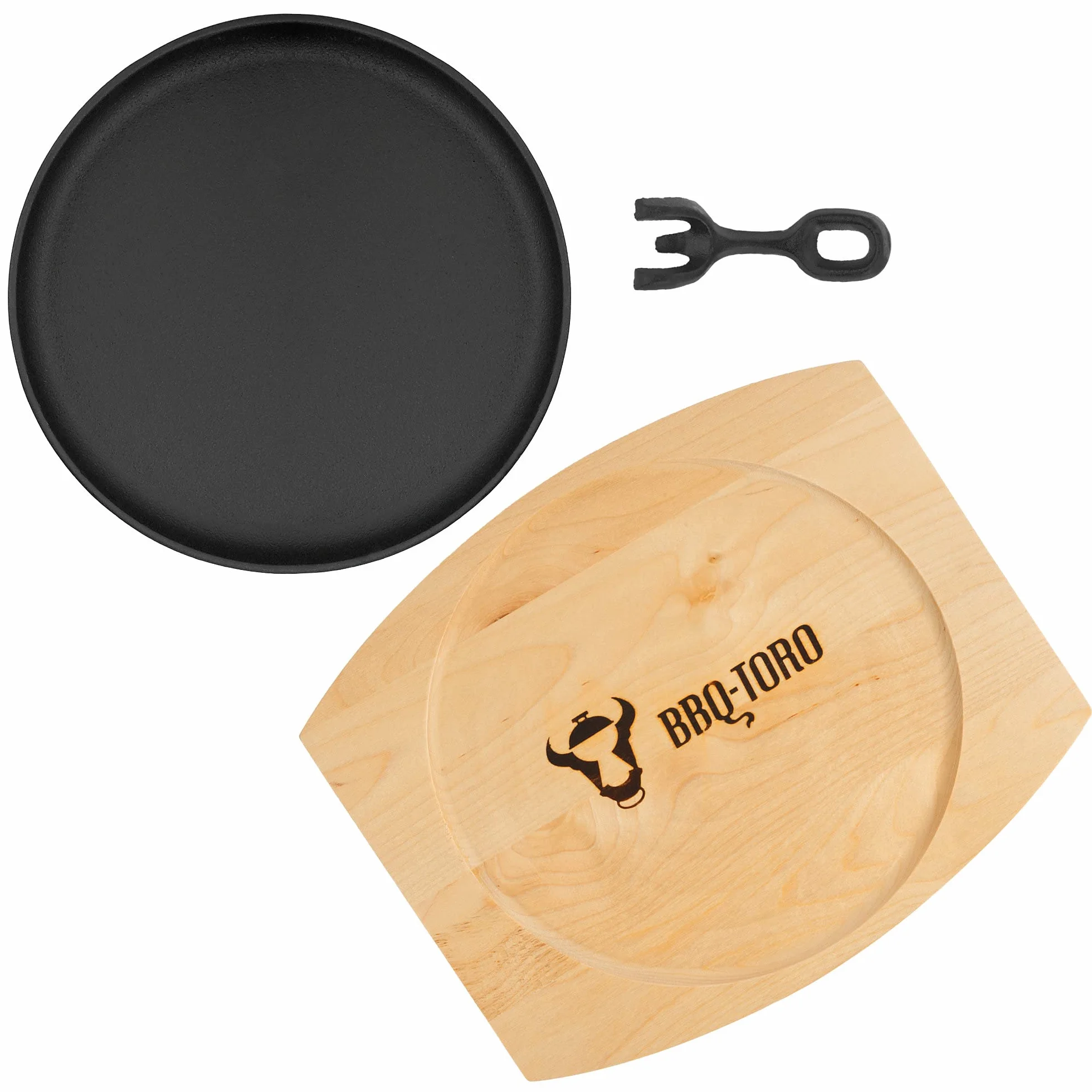BBQ-Toro żeliwna patelnia serwująca z drewnianą podstawą (1 sztuka) | Ø 22 cm - okrągła | już wypalona - wstępnie wypalona | patelnia grillowa z odpinanym uchwytem | patelnia żeliwna, patelnia do