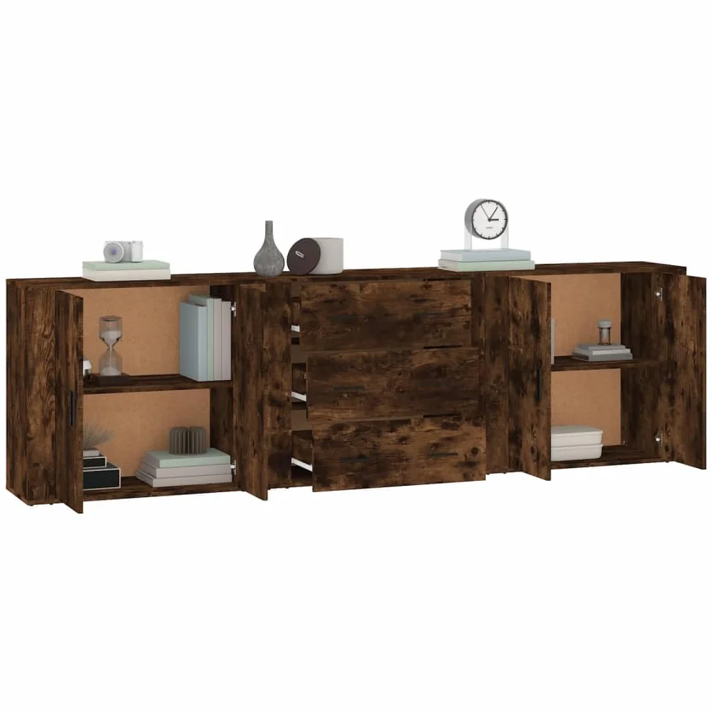 Zestaw 3 komodów, dąb wędzony, materiał drewnopochodny, 80 x 33 x 70 cm, z miejscem do przechowywania, do salonu, kuchni, jadalni, uniwersalna szafka do domu