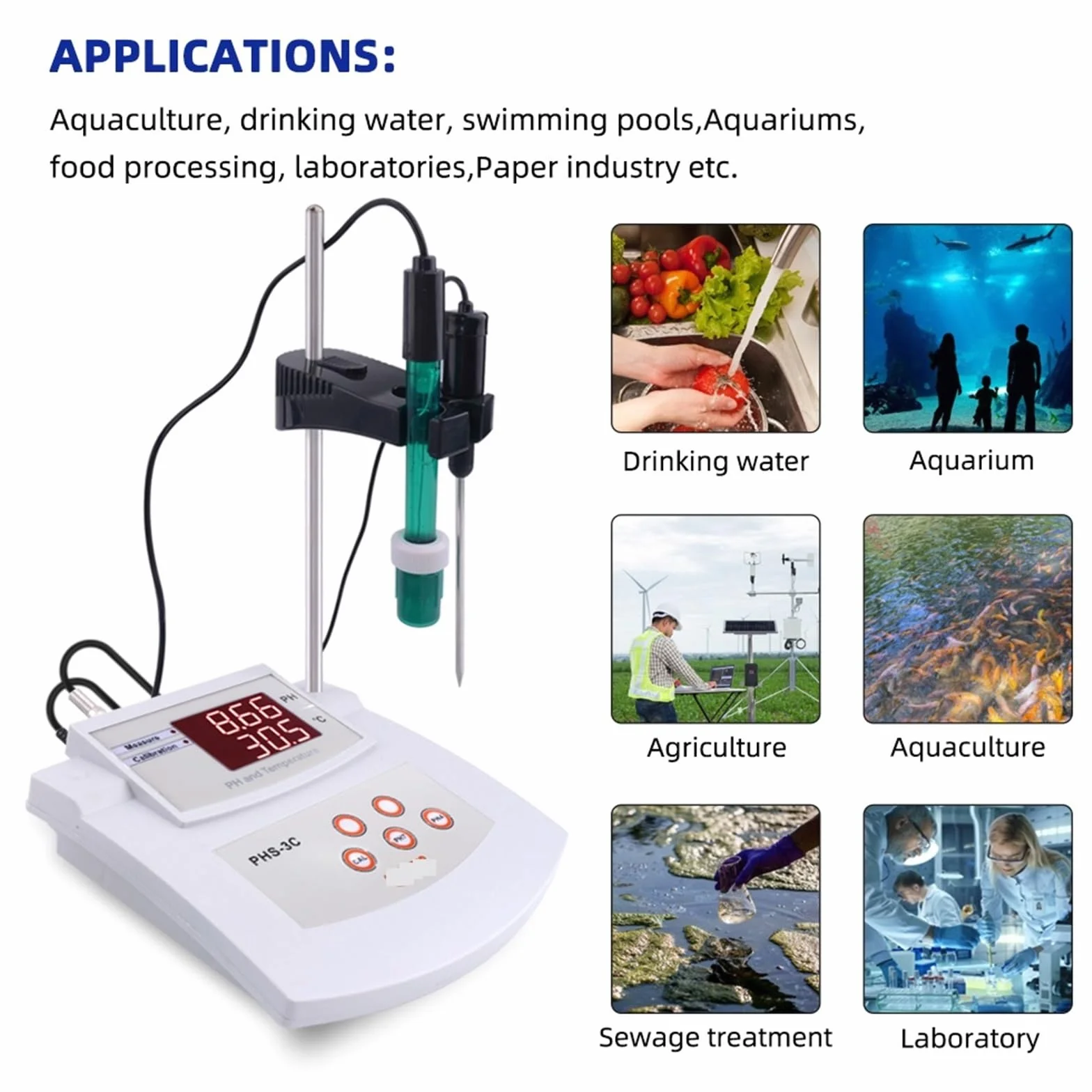 Cyfrowy miernik PH PHS-3C Dokładność 0,01 Automatyczna kalibracja Pulpit Tester temperatury/pH z analizatorem jakości wody ATC do akwariów laboratoryjnych
