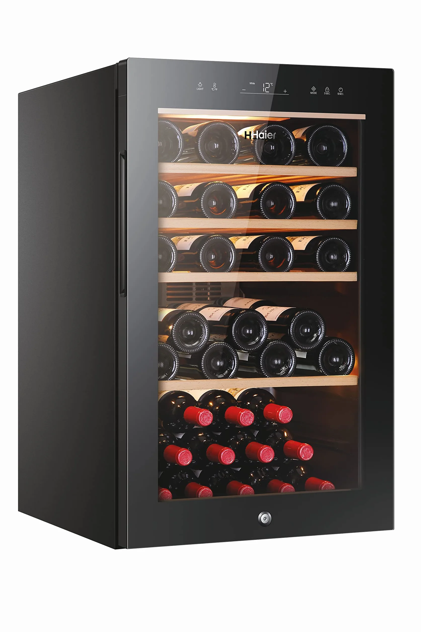 Haier HWS49GA Stojak na wino 49 butelek App hOn szkło anty-UV drewniane półki LED klasa F 49,7x58,5x82 cm czarny