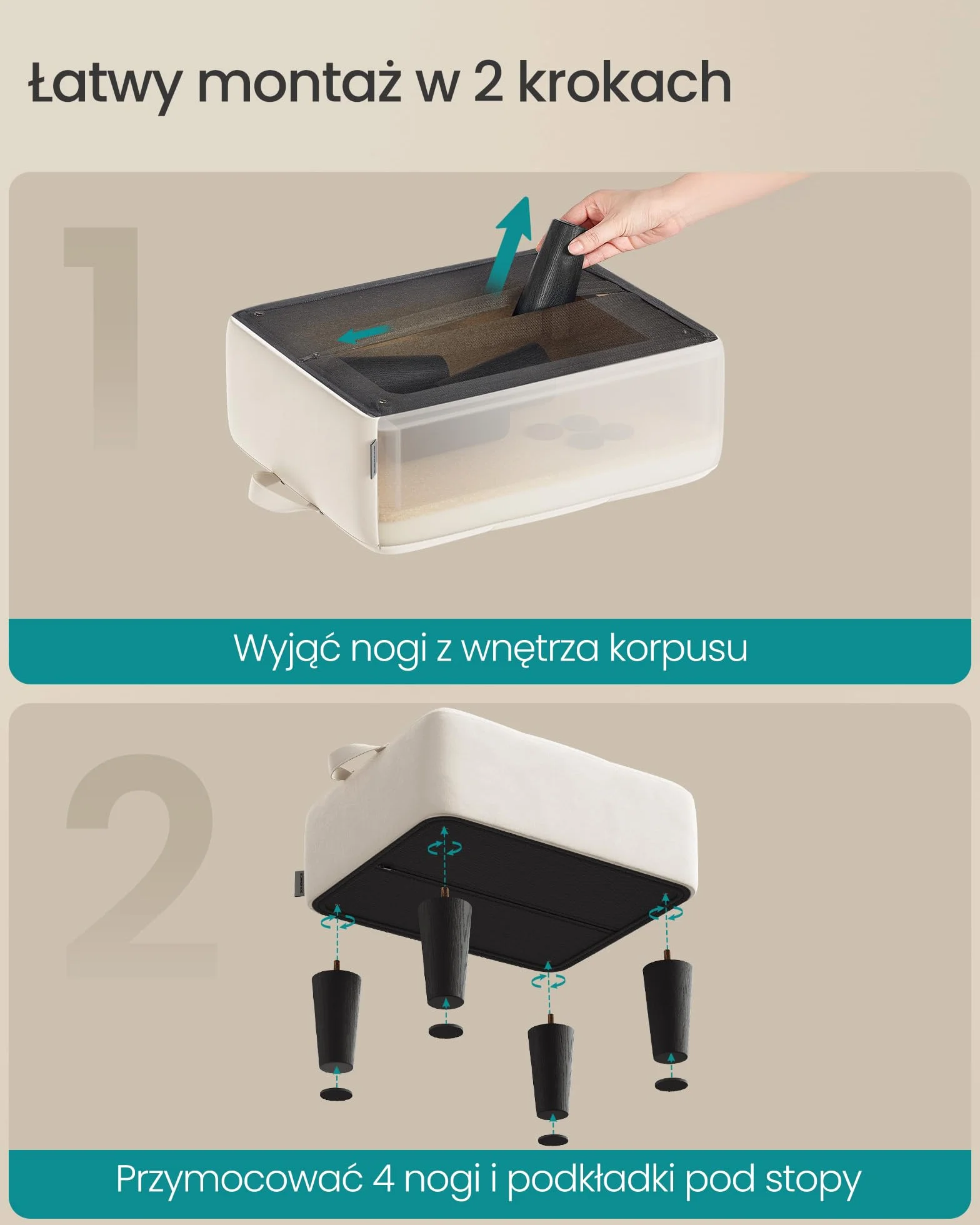 SONGMICS Aksamitny podnóżek, otomana, gruba wyściółka, nośność 150 kg, do salonu, sypialni, wejścia, beżowy cappuccino i tusz czarny LOM501W01