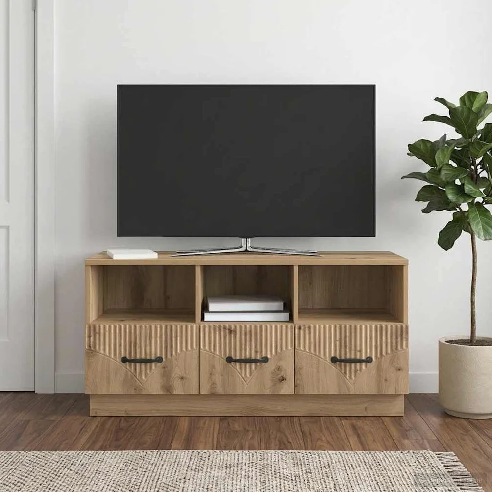 Hothingwell Szafka pod telewizor drewno inżynieryjne 102 x 34,5 x 47 cm dąb rzemieślniczy | Regulowane półki, schowki, zarządzanie kablami, do salonu lub sali multimedialnej