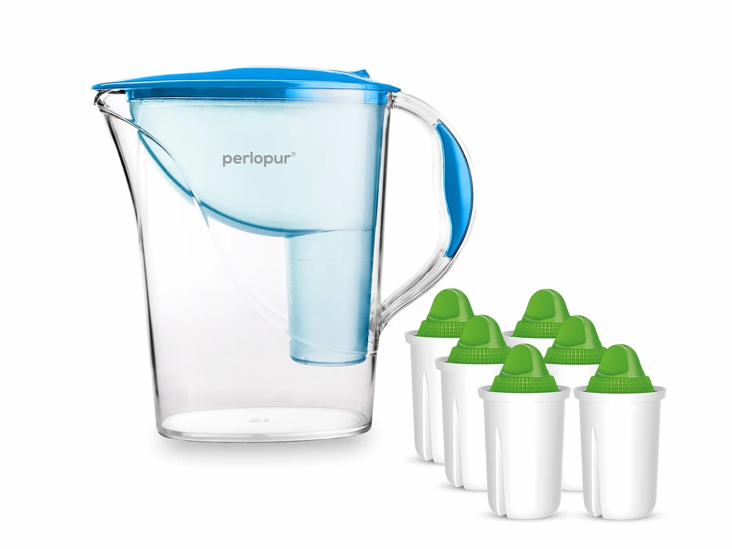PearlCo - Standardowy filtr do wody (niebieski) z 6 wkładami filtrującymi z zasadami alkalicznymi (woda) – pasuje do Brita Classic