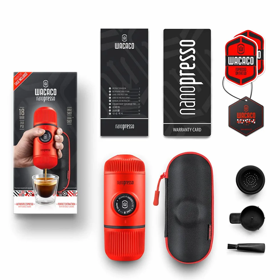 WACACO Nanopresso Przenośny ekspres do espresso, dostarczany w zestawie S-Case Nanopresso, ulepszona wersja Minipresso, podróżny ekspres do kawy, obsługiwany ręcznie, czerwona lawa