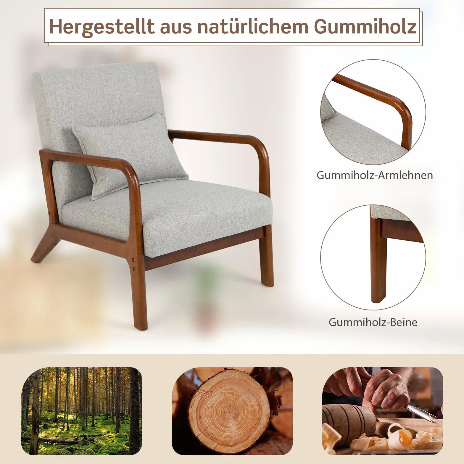 COSTWAY Fotel do salonu, tapicerowany, nowoczesne krzesło, drewno, z podłokietnikami, jednoosobowa sofa do salonu, sypialni, 65 x 79 x 77 cm, szary