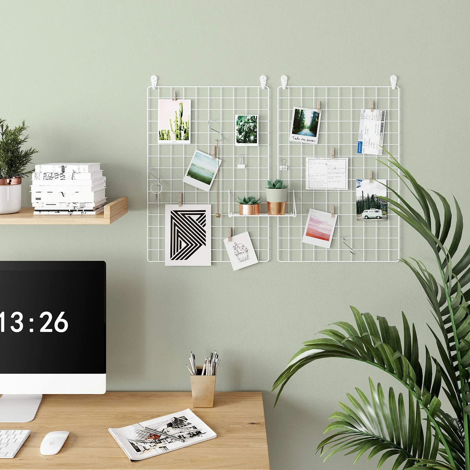 SONGMICS LPP2W Fotościanka z Siatki Drucianej, Zestaw 2 Szt., Dekoracja Ścienna, Wielofunkcyjny Panel Siatkowy, Siatka Ścienna, Zrób to Sam, z Haczykami w Kształcie S, Biała