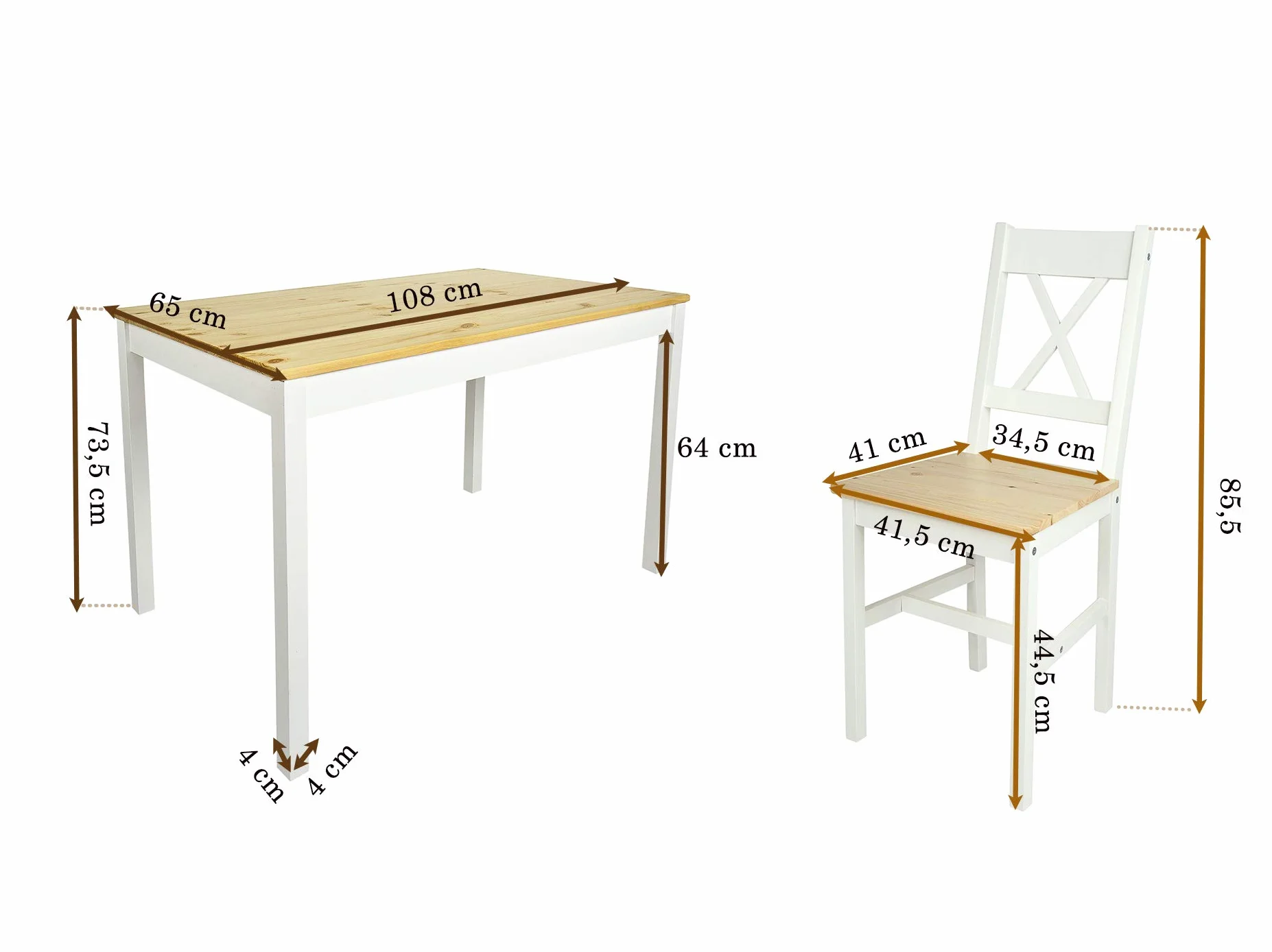 Leomark Drewniany Stół z 4 krzesłami 108x65x73,5 cm White Pine