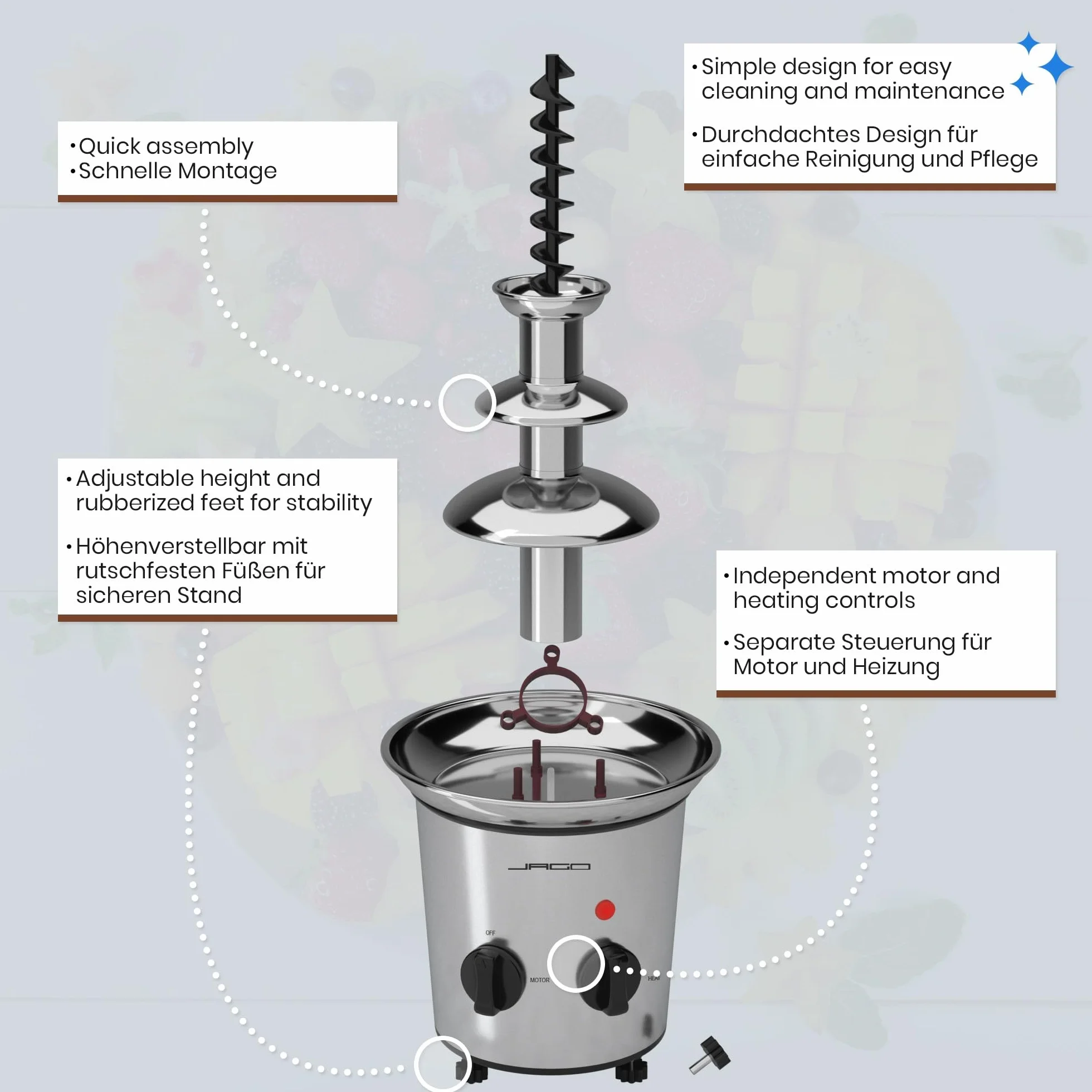 Jago® Fontanna czekoladowa 275 W – 3 poziomy, 1 kg, stal nierdzewna, zmywarka, srebrna – fondue, czekoladowe fondue
