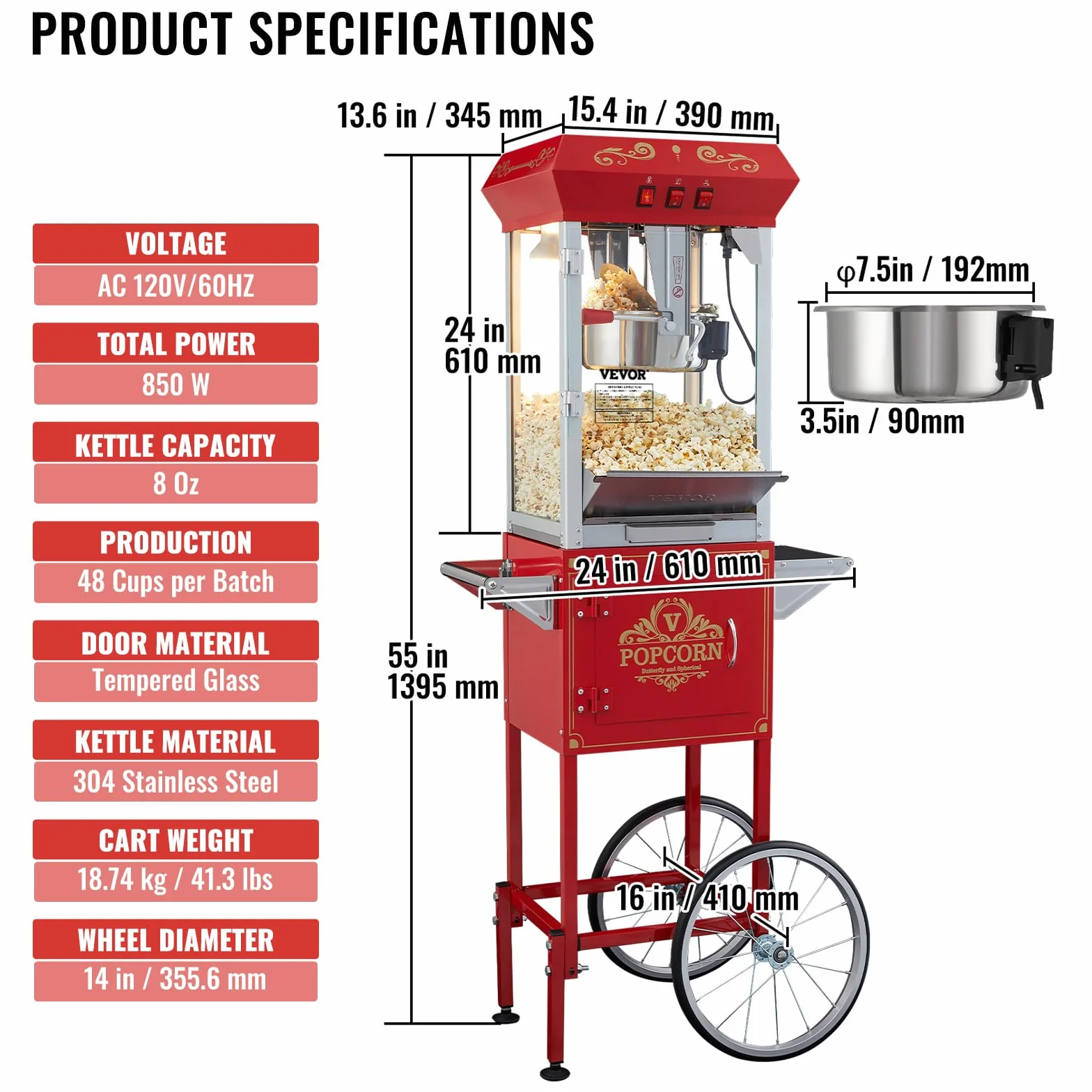 VEVOR Maszyna do popcornu z wózkiem 850 W, czajnik elektryczny do popcornu 0,22 kg na 48 filiżanek partii, maszyna do popcornu ze szkłem hartowanym, zawiera 4 miarki, styl kinowy