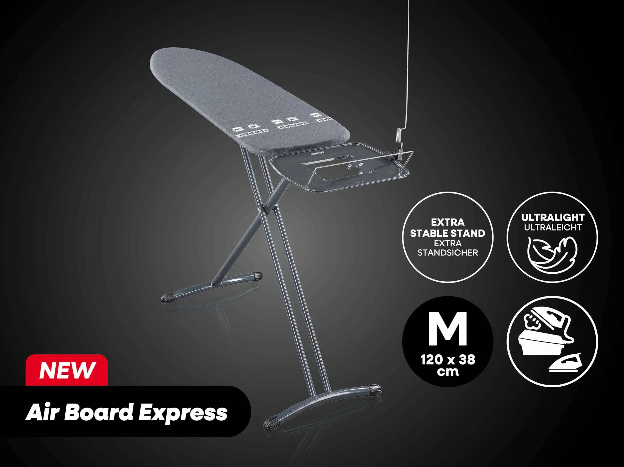 Leifheit Air Board Express M Black, stylowa deska do prasowania o wymiarach 120x38 cm, odpowiednia do stacji parowych, regulowana pod względem wysokości i zajmująca mało miejsca podczas przechowywania