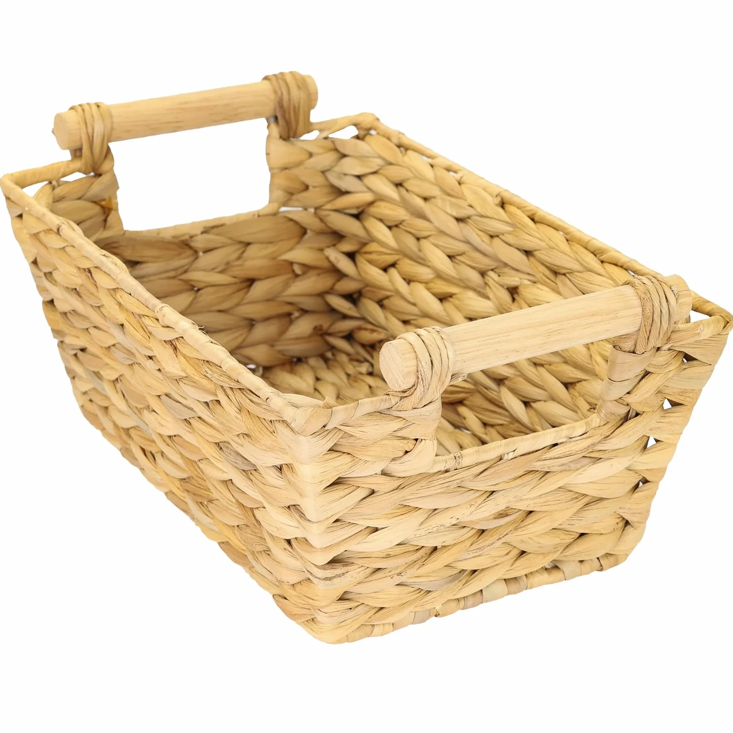 HMF Kosz do przechowywania z drewnianymi uchwytami, pleciony kosz z hiacyntu wodnego, długi i prostokątny, 30 x 20 x 12 cm