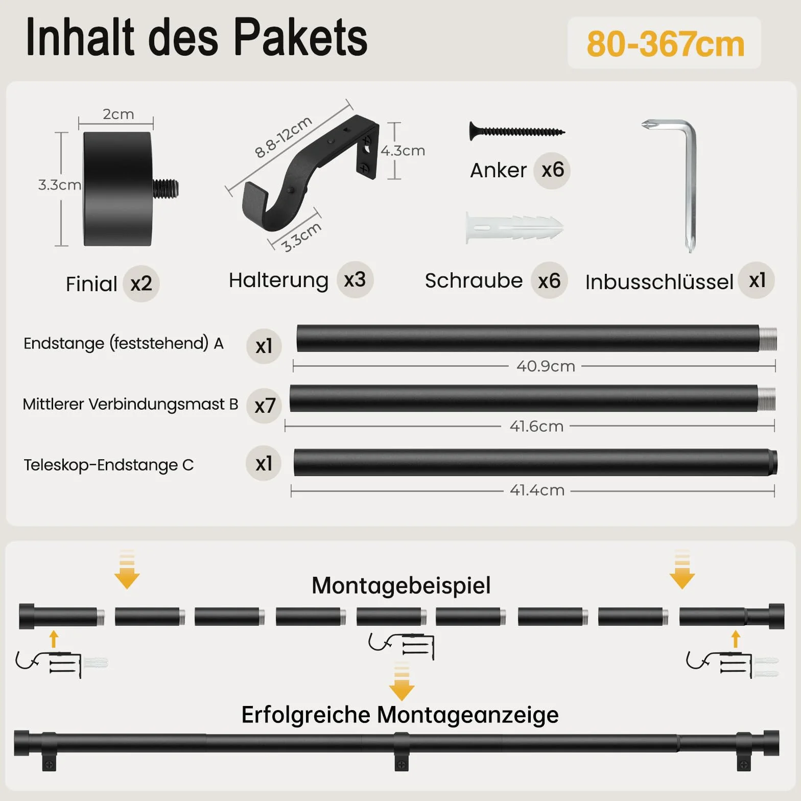 Karnisz czarny, 80-367 cm, średnica 25 mm, wysuwany, karnisz, montaż sufitowy, metal, do sypialni, na taras, szklane drzwi przesuwne, salon