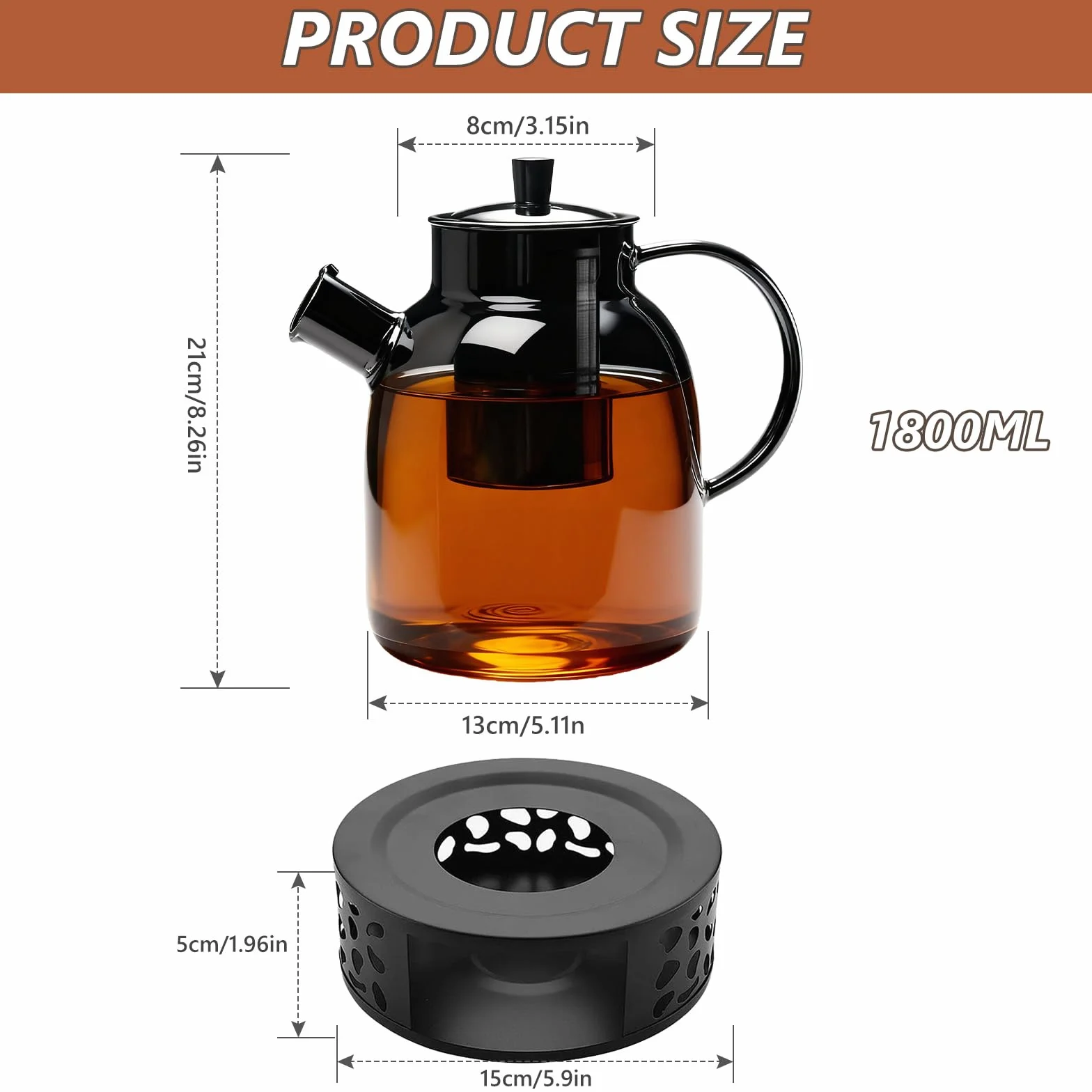 Dzbanek do herbaty ze szkła borokrzemowego, 1,8 l, z sitkiem, podgrzewaczem i pokrywką – szklany dzbanek do herbaty nadający się do mycia w zmywarce, do luźnej herbaty, herbaty w torebkach, herbaty