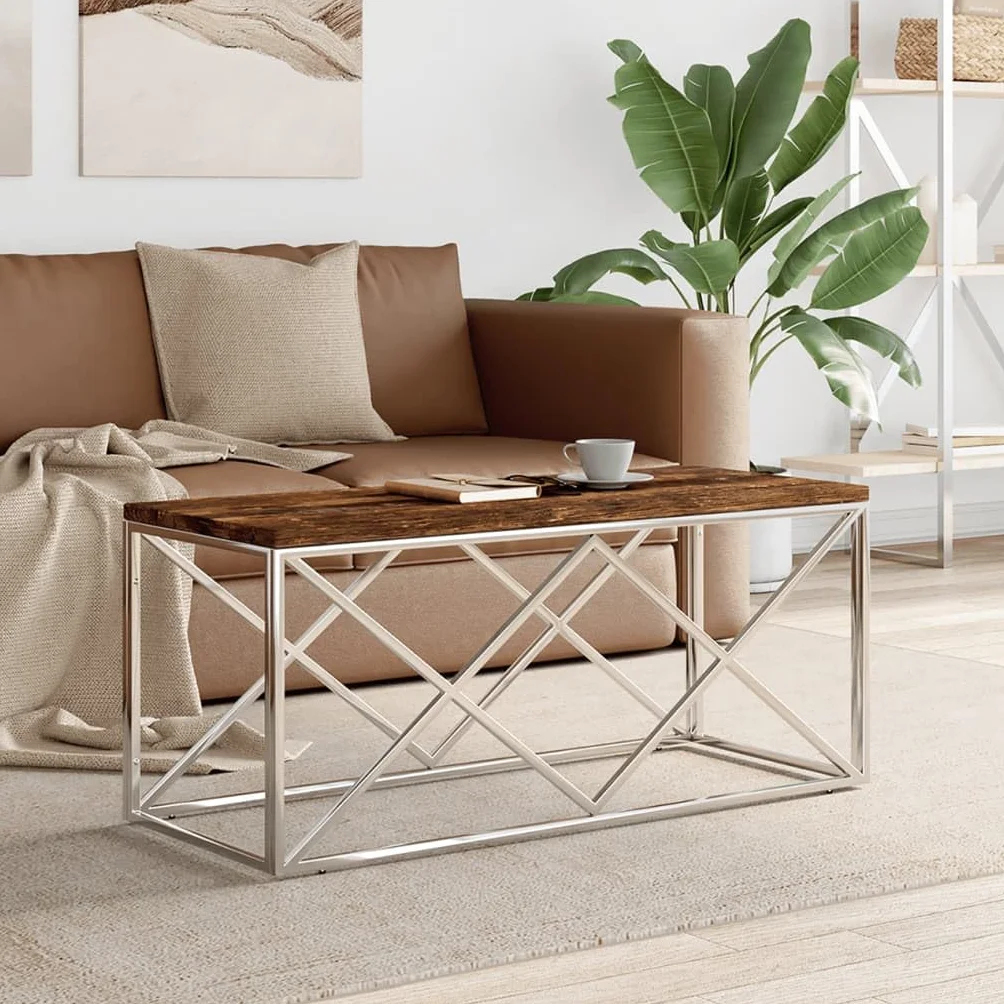 Homgoday Stolik kawowy Stal nierdzewna i lite drewno z recyklingu, Konsola pomocnicza Stolik do salonu Kawa Herbata Sofa Meble do salonu Meble typu 5 Stoliki kawowe Meble