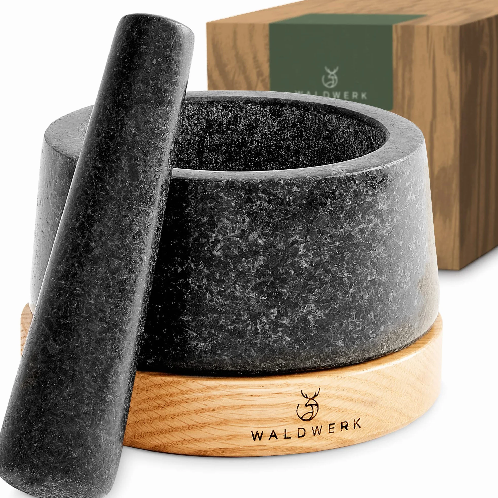 WALDWERK Moździerz z tłuczkiem (średnica 12 cm) – moździerz na eleganckiej i stabilnej podstawie z drewna akacjowego – moździerz z naturalnego granitu