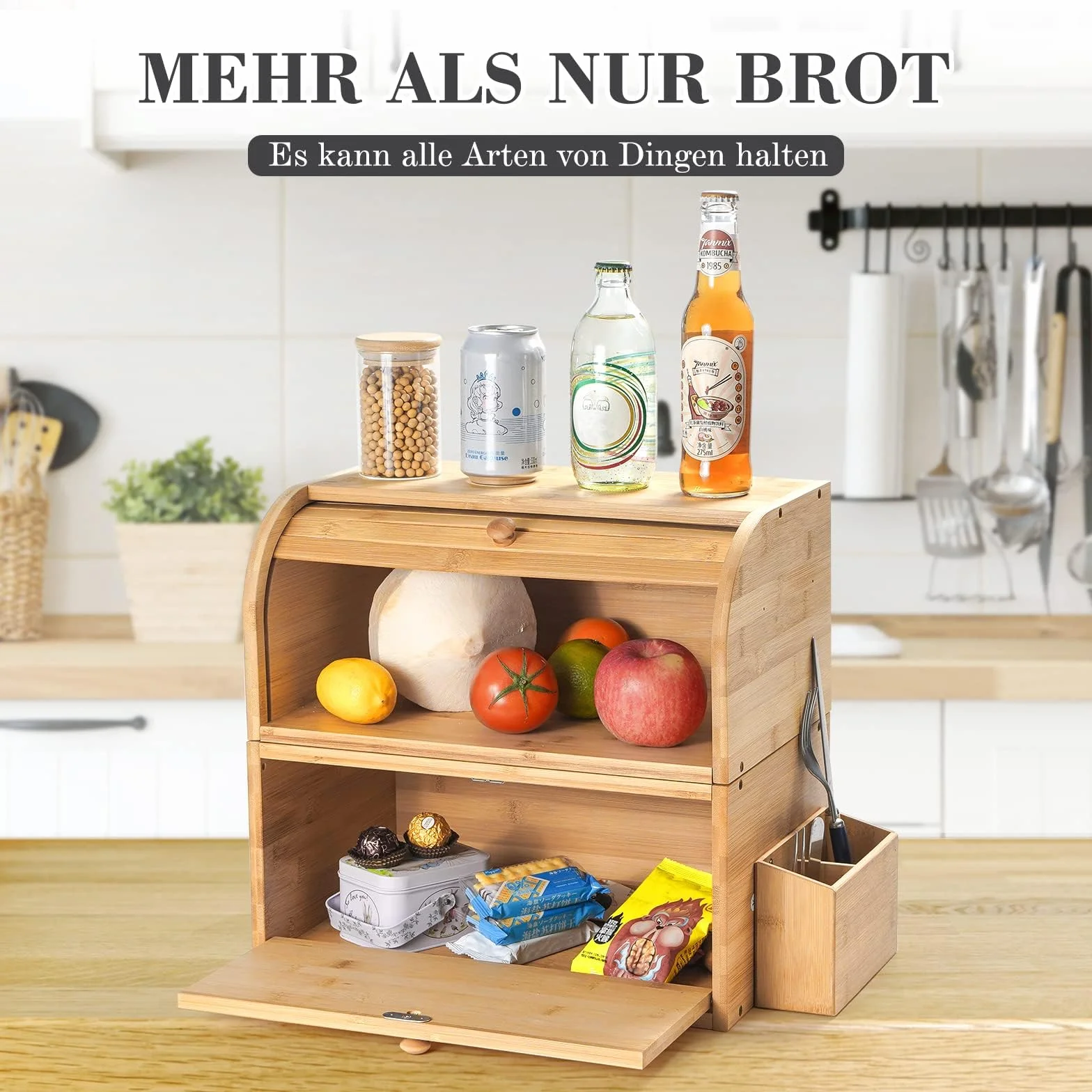 GUUSII HOME Chlebnik Drewniany Duży Retro Eco Chlebnik Pokrywa rolki Dwuwarstwowy pojemnik na chleb z możliwością układania w stosy 38x25x36cm Naturalny bambus Zachowuje świeżość i smak