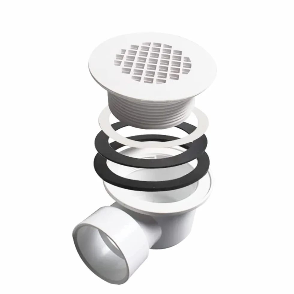 Niskoprofilowy odpływ prysznicowy 5 cm z reduktorem 5 cm x 1-1/5.1 cm i perforowanym sitkiem - zespół odpływu bocznego z PCW do wymiany podstawy prysznicowej i odpływu