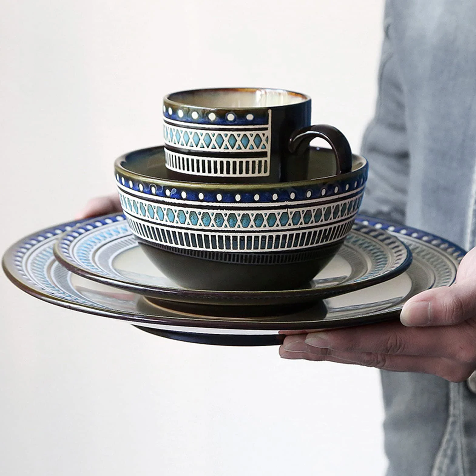 48-częściowy porcelanowy zestaw naczyń dla 12 osób, zestaw naczyń z porcelany, zestaw naczyń z 12 talerzy, 12 talerzy deserowych, 12 misek na płatki śniadaniowe, 12 filiżanek