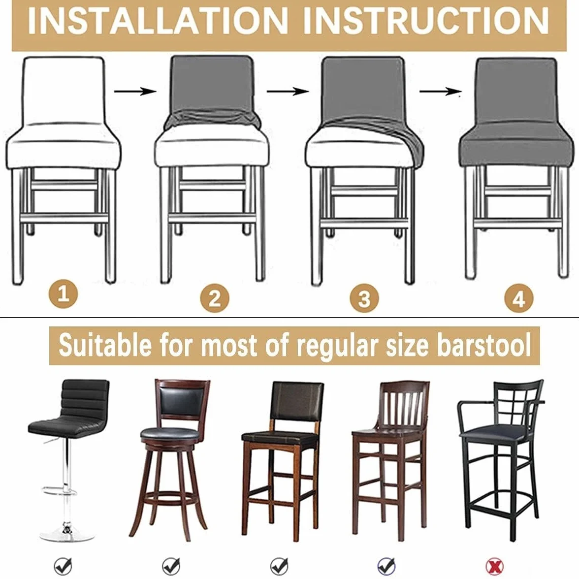 High Stretch Bar Stool Cover Counter Stool Pub Velvet Chair Slipcover for Dining Room Cafe Barstool Slipcover Furniture Chair Seat Cover Non Slip with Elastic Bottom Set of 6, (Size : Black, Materia