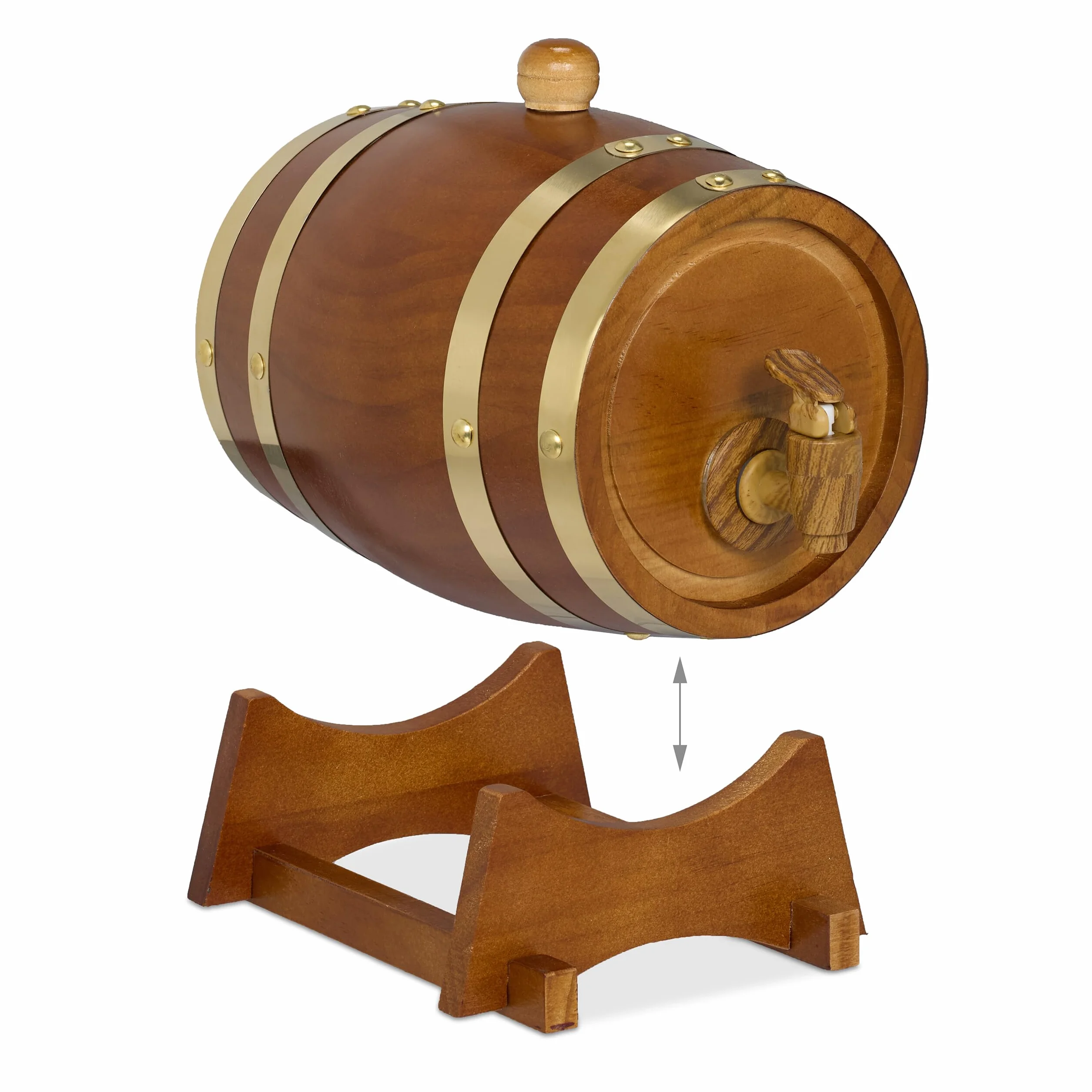 Relaxdays Beczka na whisky, 1,25 l, drewniana, z koziołkiem i kranikiem, na wino, alkohole, dekoracyjna beczka drewniana, ciemnobrązowa