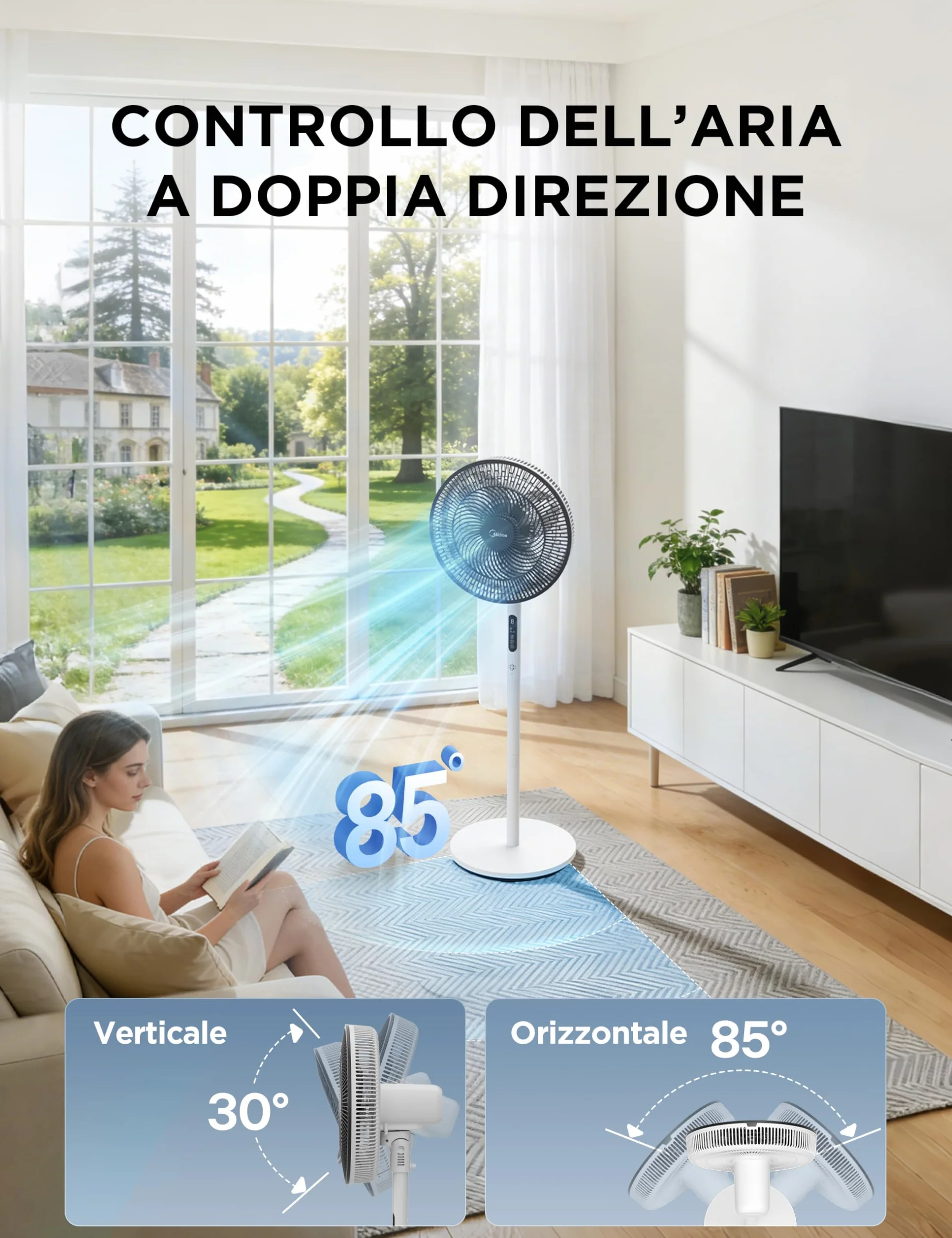 Midea FS35-26XRDSE(BW) Silnik prądu stałego, 8 łopatek, 9 poziomów prędkości, oscylacja 85°, 9-godzinny timer, regulacja wysokości