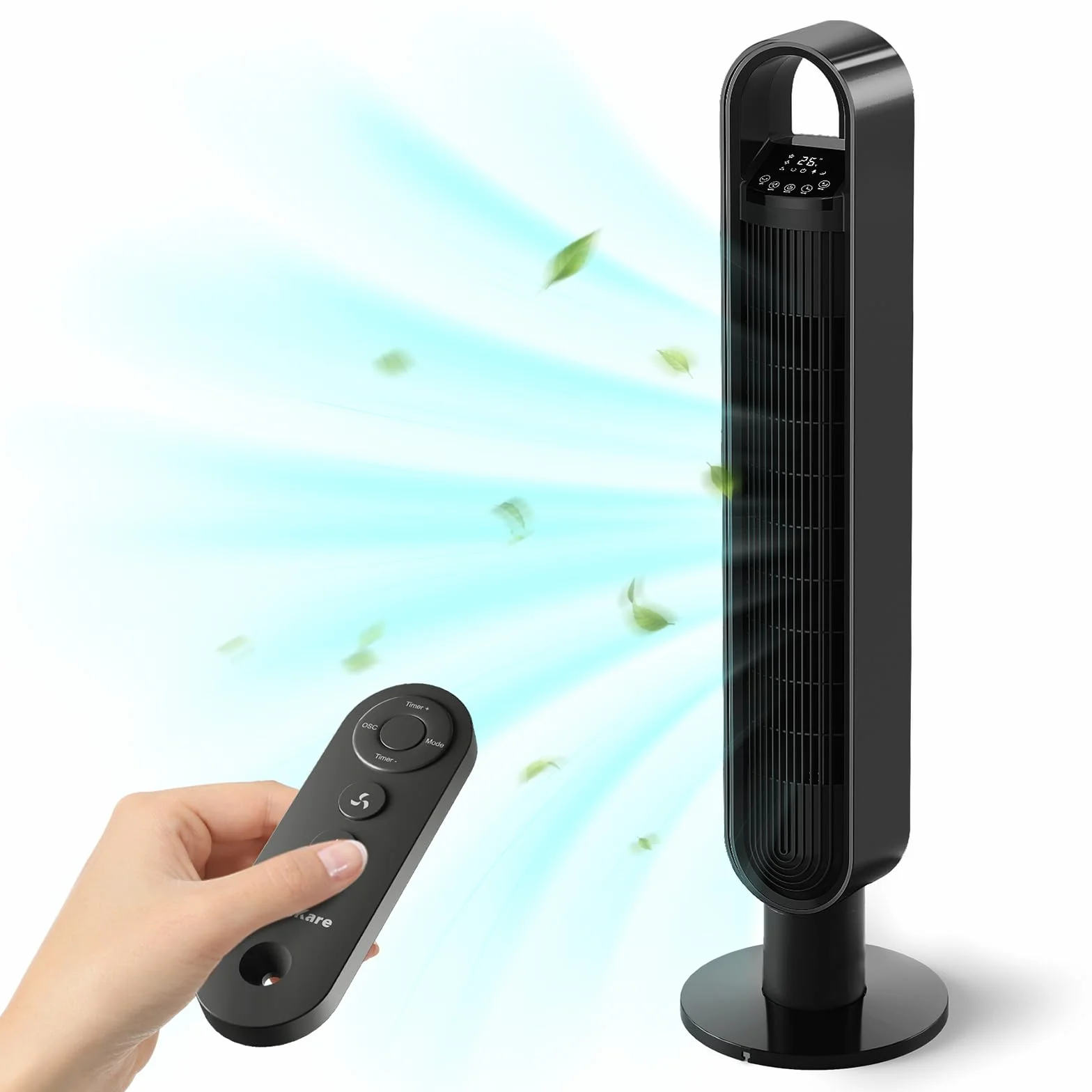 Wentylator wieżowy, 102 cm wysokości 3 tryby 3 prędkości 1-12H timer 70° oscylacyjny wentylator stojący z pilotem zdalnego sterowania do sypialni, formowany wtryskowo błyszczący materiał, czarny