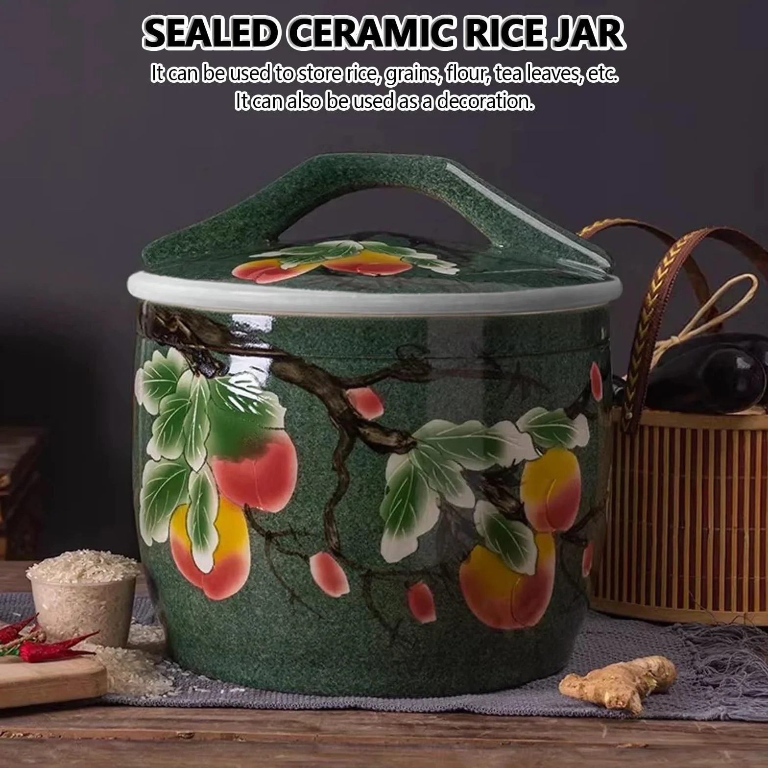 Ceramiczne wiadro ryżowe z pokrywką, dozownik ziarna o dużej pojemności do hermetycznego przechowywania żywności, płatków śniadaniowych, mąki, cukru, kawy i herbaty