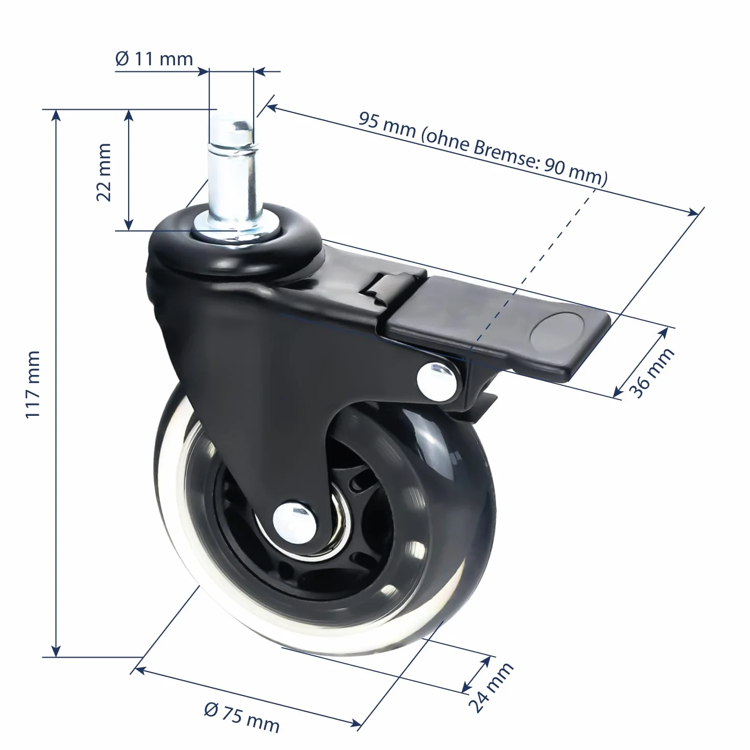 HMF 6810 kółka do twardych podłóg biurowych z funkcją hamowania, 5 sztuk, 11 mm, czarne