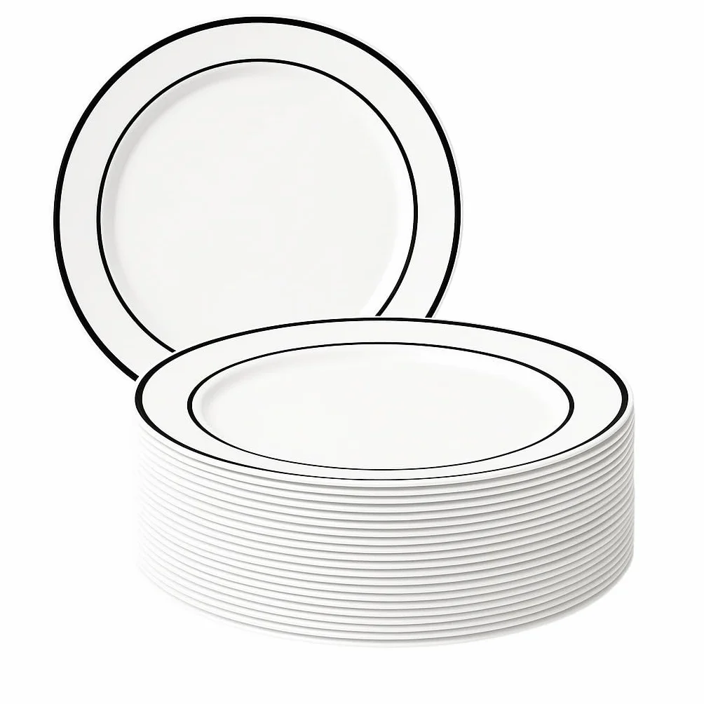 MATANA 25 białych plastikowych talerzy obiadowych premium z czarną krawędzią, 26 cm – eleganckie i wielokrotnego użytku talerze imprezowe na wesela, urodziny, piknik, grill, imprezy