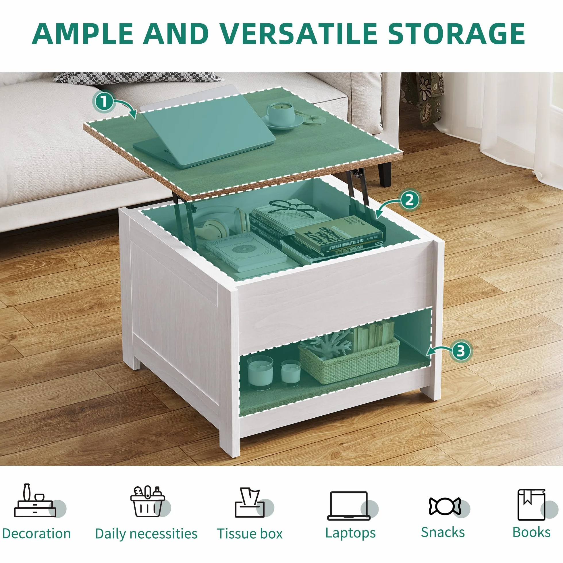 YITAHOME Stolik kawowy Lift Top, kwadratowy, drewniany, nowoczesny, rustykalny stolik kawowy z miejscem do przechowywania, do salonu, wiejskiego szary, 60 x 60 x 45 cm