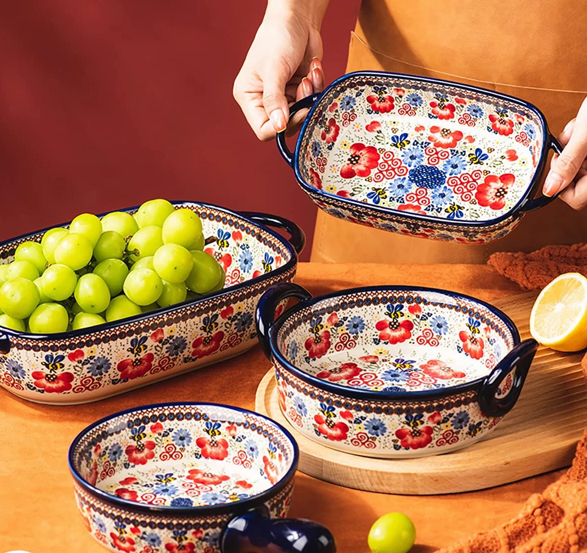 Ceramiczne naczynia do pieczenia w stylu vintage kwiaty patelnia do pieczenia lasagne patelnie do pieczenia z uchwytami do piekarnika/gotowania / kuchni - 1 szt. - czerwone kwiaty - 1700 ml