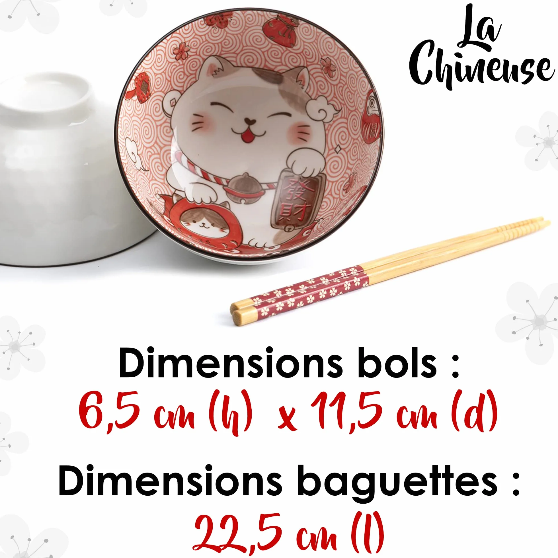Lachineuse - 2 miski Maneki Neko - Pudełko Miseczek na ryż, śniadanie i zupę - Japońska zastawa stołowa z porcelany - z pałeczkami - kot szczęśliwy - japoński prezent - Kawaii Japan Deco