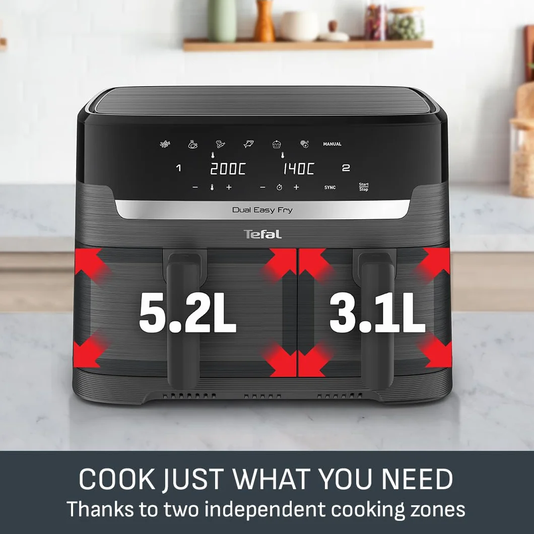 Tefal Easy Fry 2-strefowa cyfrowa frytkownica powietrzna, 2 szuflady, 8,3 l, 8 w 1, smażenie na powietrzu, bardzo chrupiące, grillowanie, pieczenie, podgrzewanie, odwadnianie, 6 porcji